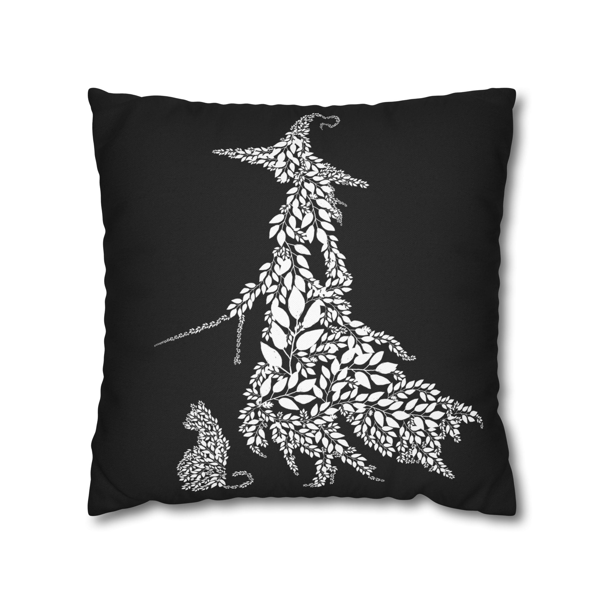 Botanical Witch & Cat Pillow: Black and White Faux Suede Decor