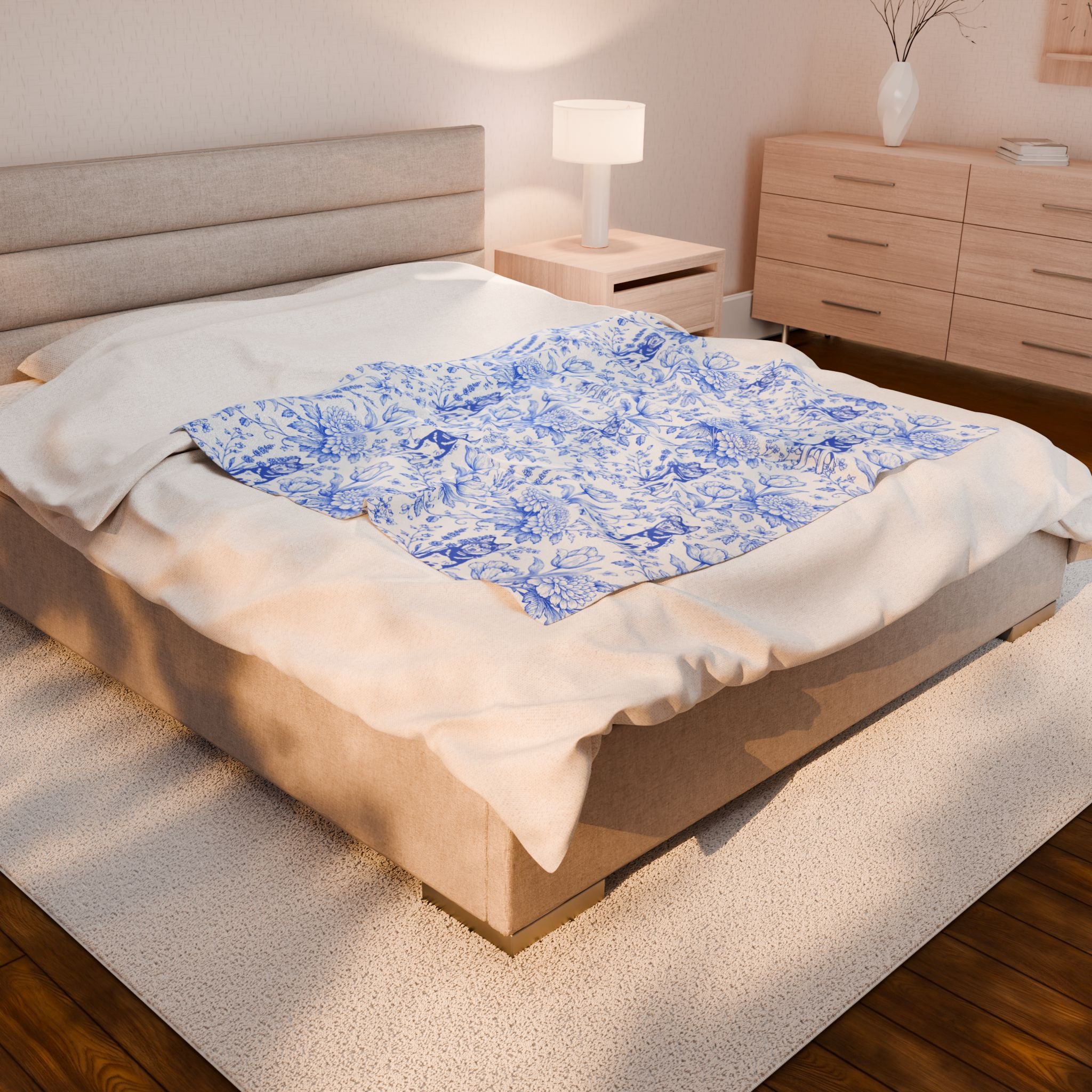 Blue Floral Husky Velveteen Plush Blanket | French Toile Dog Pattern