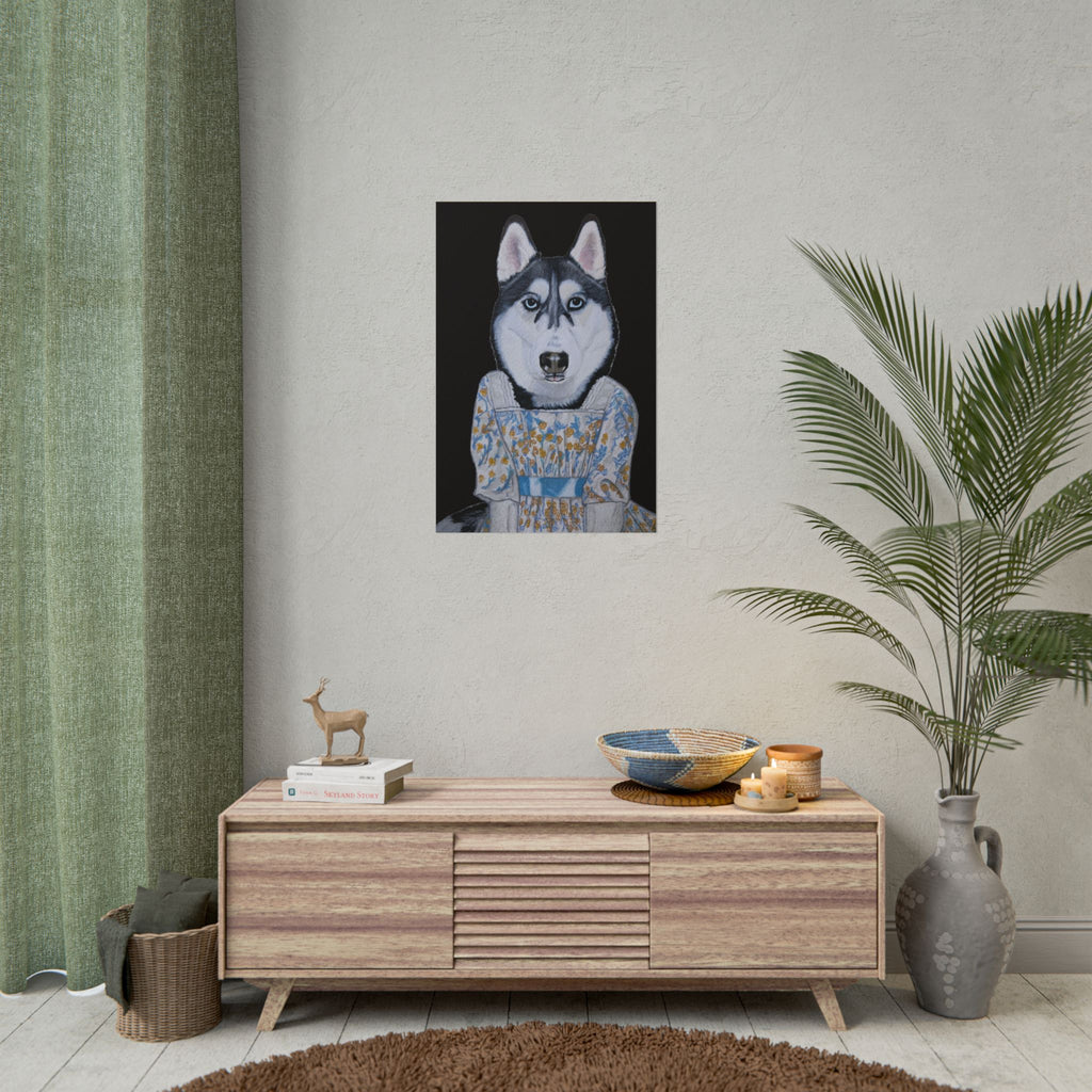 Funny Husky Wearing Jane Austen Style Regency Era-Inspired Dress Wall Poster - Black Background