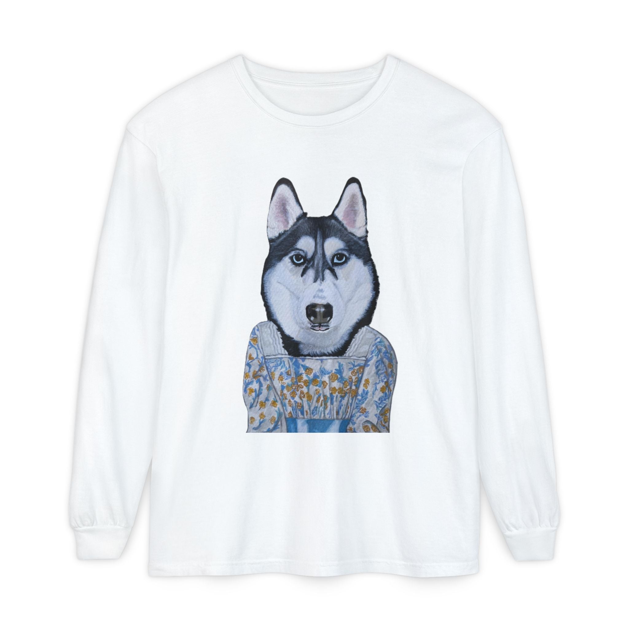 Husky Wearing Jane Austen Style Dress Long Sleeve T-Shirt, Animal Lover Gift, Dog-Themed Apparel, Casual Wear, Winter Fashion