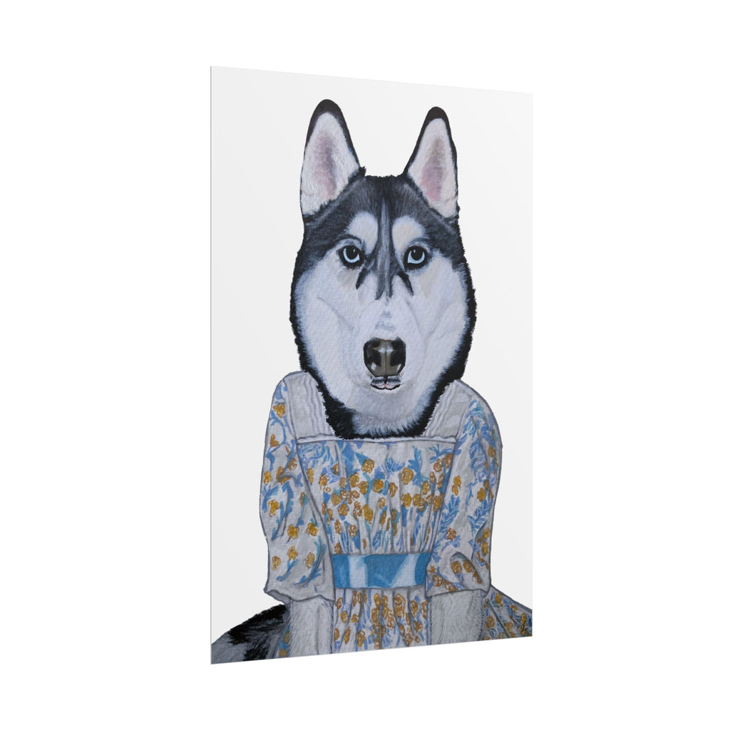Funny Husky Wearing Jane Austen Style Regency Era-Inspired Dress Wall Poster - White Background