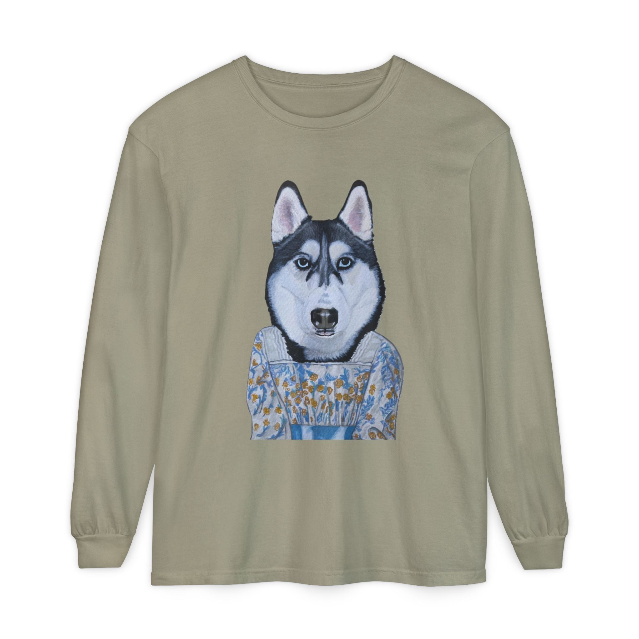 Husky Wearing Jane Austen Style Dress Long Sleeve T-Shirt, Animal Lover Gift, Dog-Themed Apparel, Casual Wear, Winter Fashion