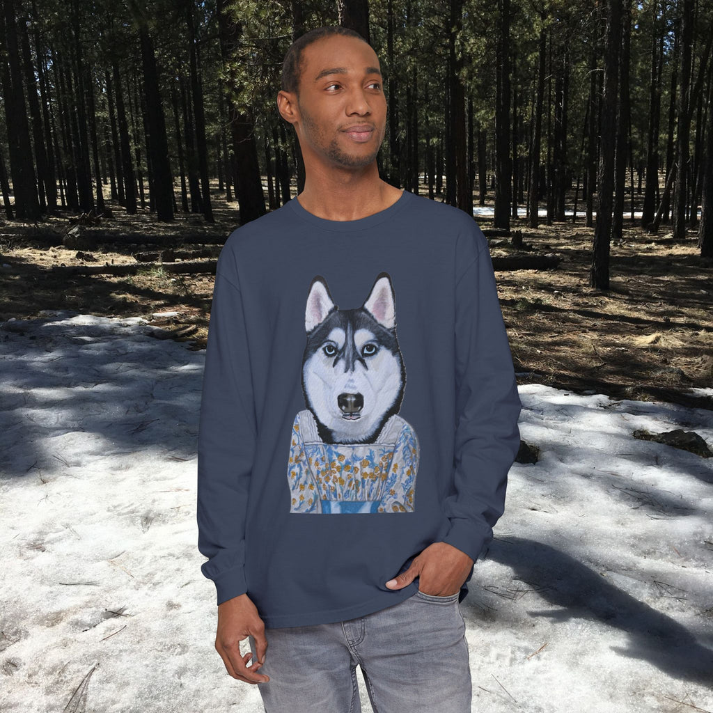 Husky Wearing Jane Austen Style Dress Long Sleeve T-Shirt, Animal Lover Gift, Dog-Themed Apparel, Casual Wear, Winter Fashion