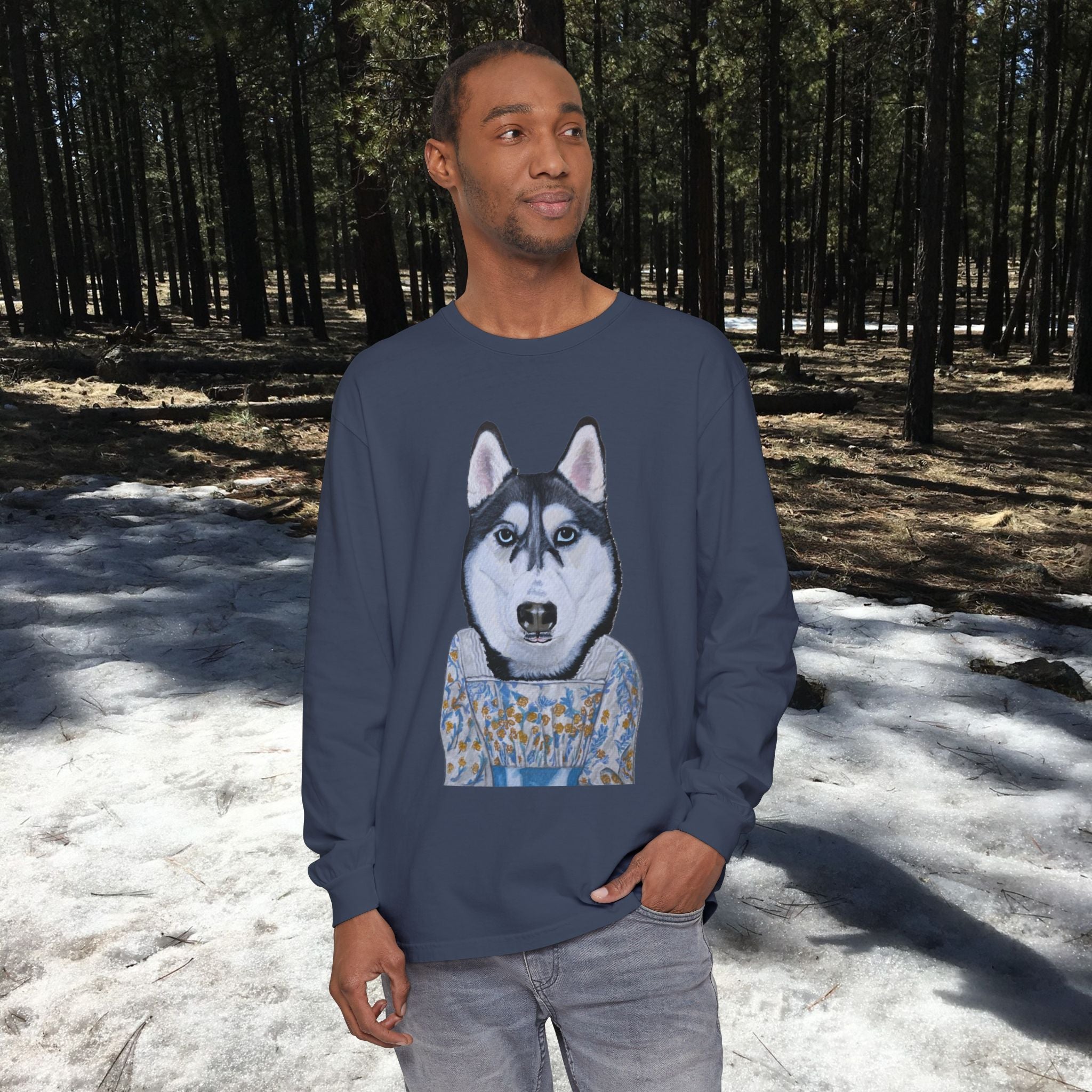 Husky Wearing Jane Austen Style Dress Long Sleeve T-Shirt, Animal Lover Gift, Dog-Themed Apparel, Casual Wear, Winter Fashion