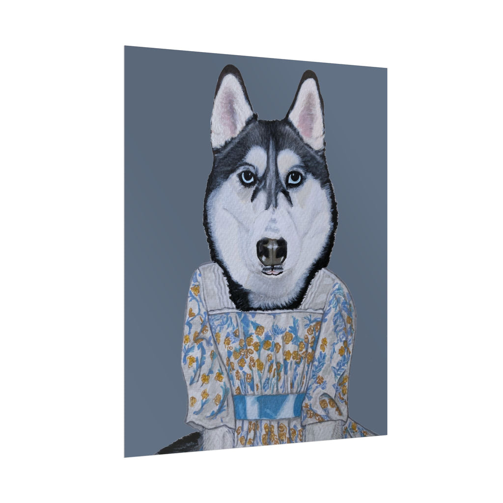 Funny Husky Wearing Jane Austen Style Regency Era-Inspired Dress Wall Poster - Dark Gray Background