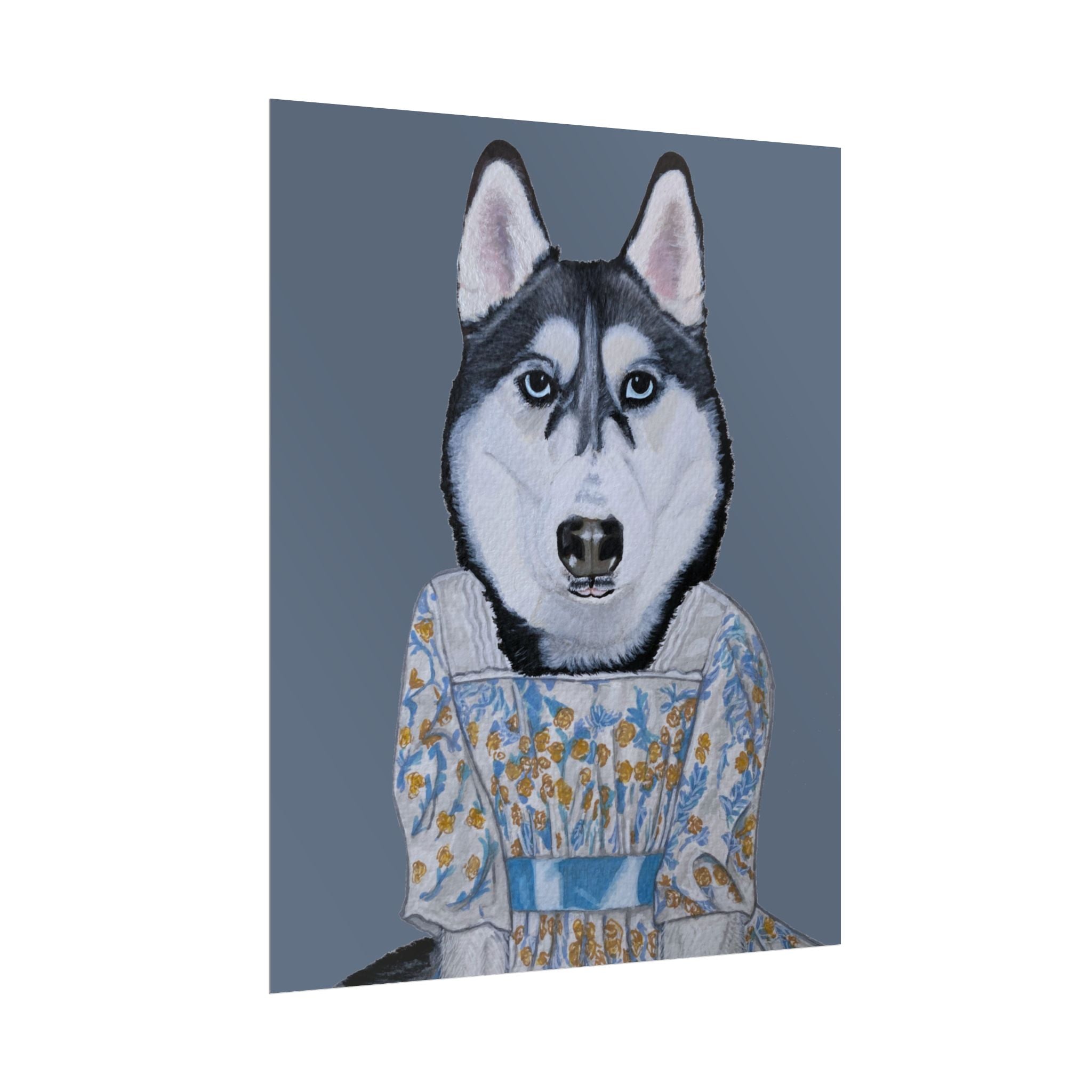 Funny Husky Wearing Jane Austen Style Regency Era-Inspired Dress Wall Poster - Dark Gray Background