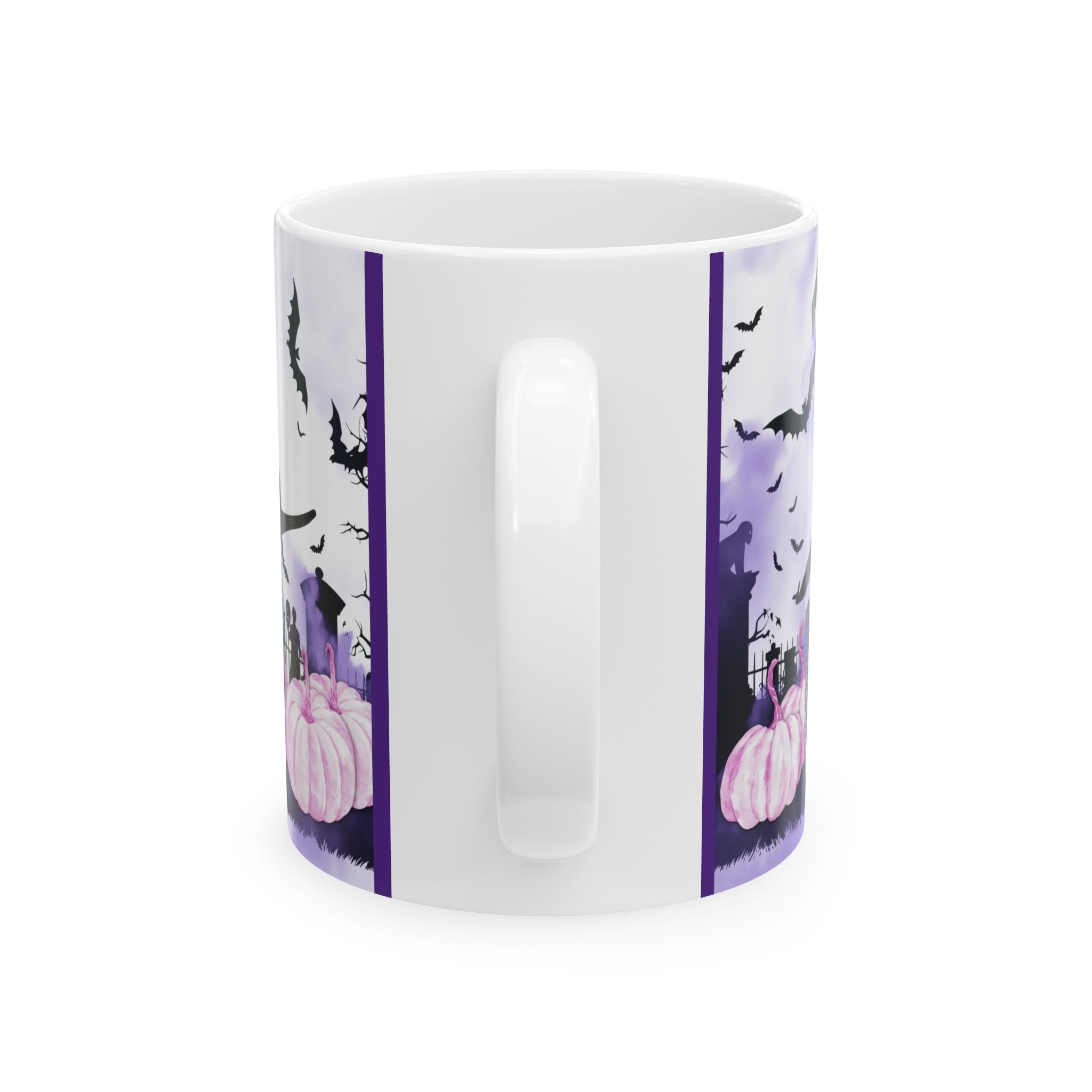 Cute and Spooky Cat Witch Halloween Ceramic Mug - Pink and Purple