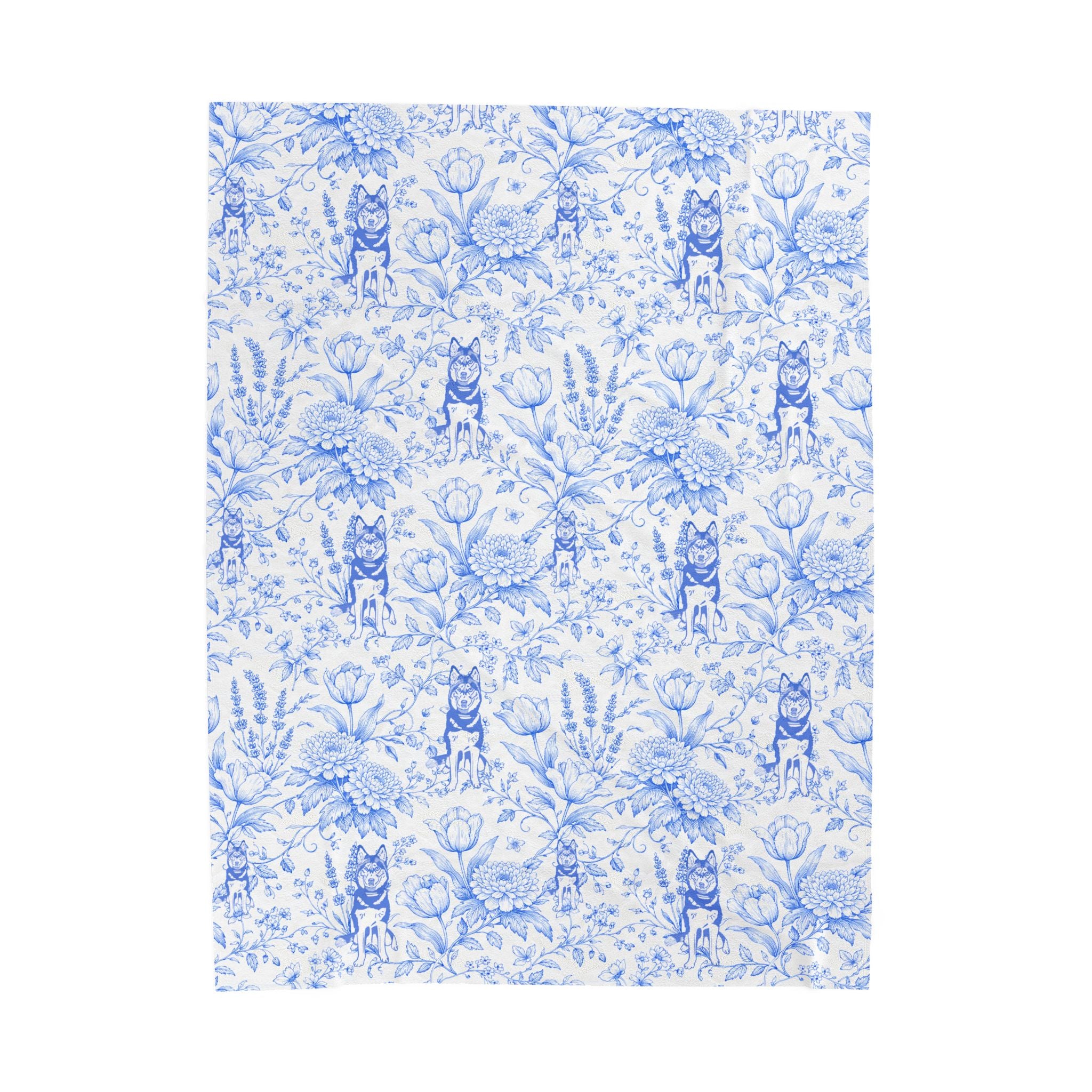 Blue Floral Husky Velveteen Plush Blanket | French Toile Dog Pattern