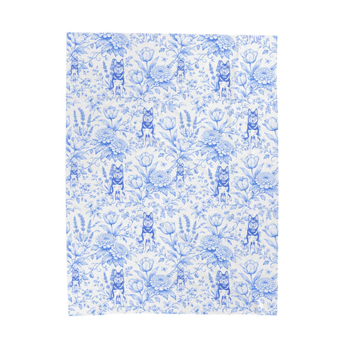 Blue Floral Husky Velveteen Plush Blanket | French Toile Dog Pattern