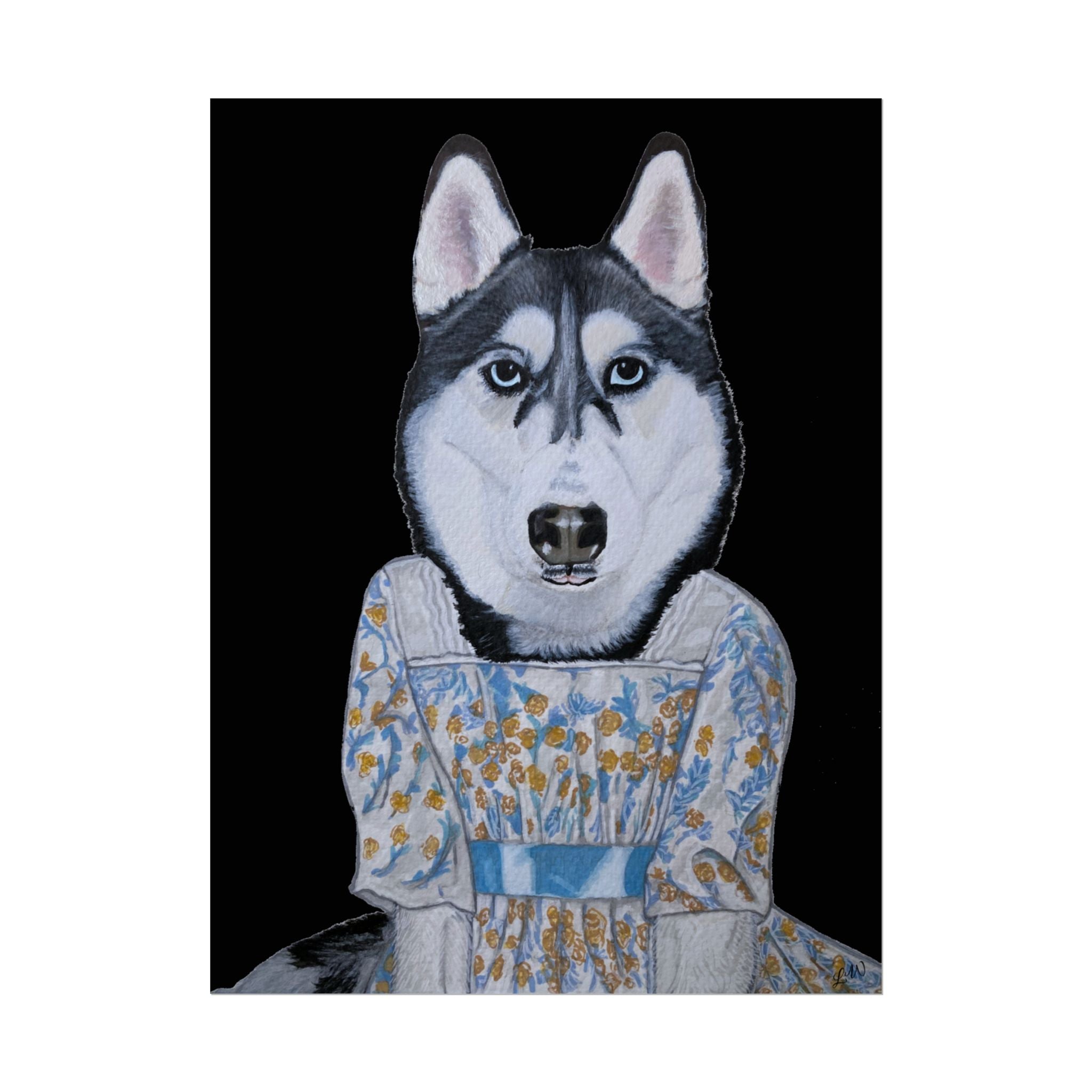 Funny Husky Wearing Jane Austen Style Regency Era-Inspired Dress Wall Poster - Black Background