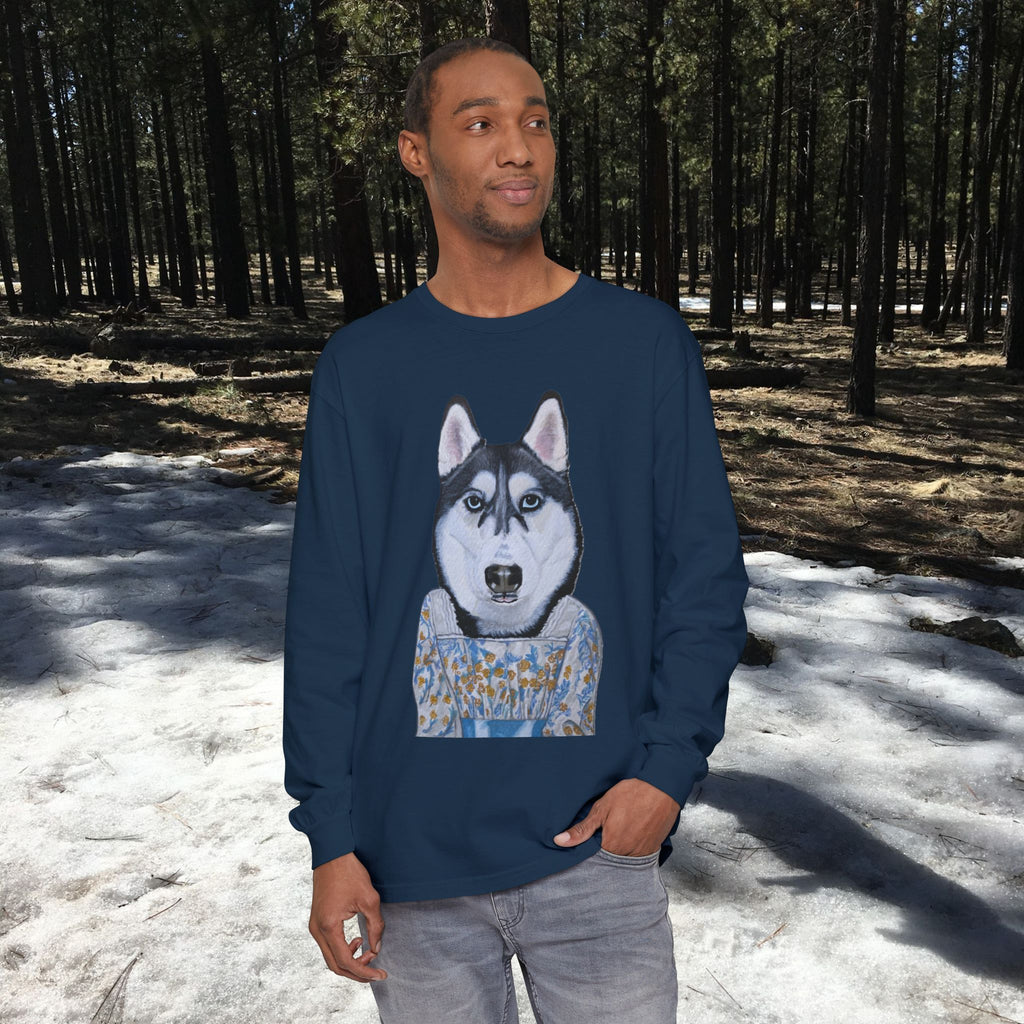 Husky Wearing Jane Austen Style Dress Long Sleeve T-Shirt, Animal Lover Gift, Dog-Themed Apparel, Casual Wear, Winter Fashion
