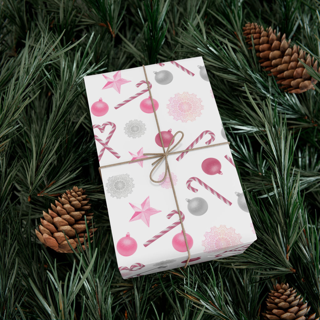 Shimmery White and Pink Christmas Wrapping Paper in Satin or Matte