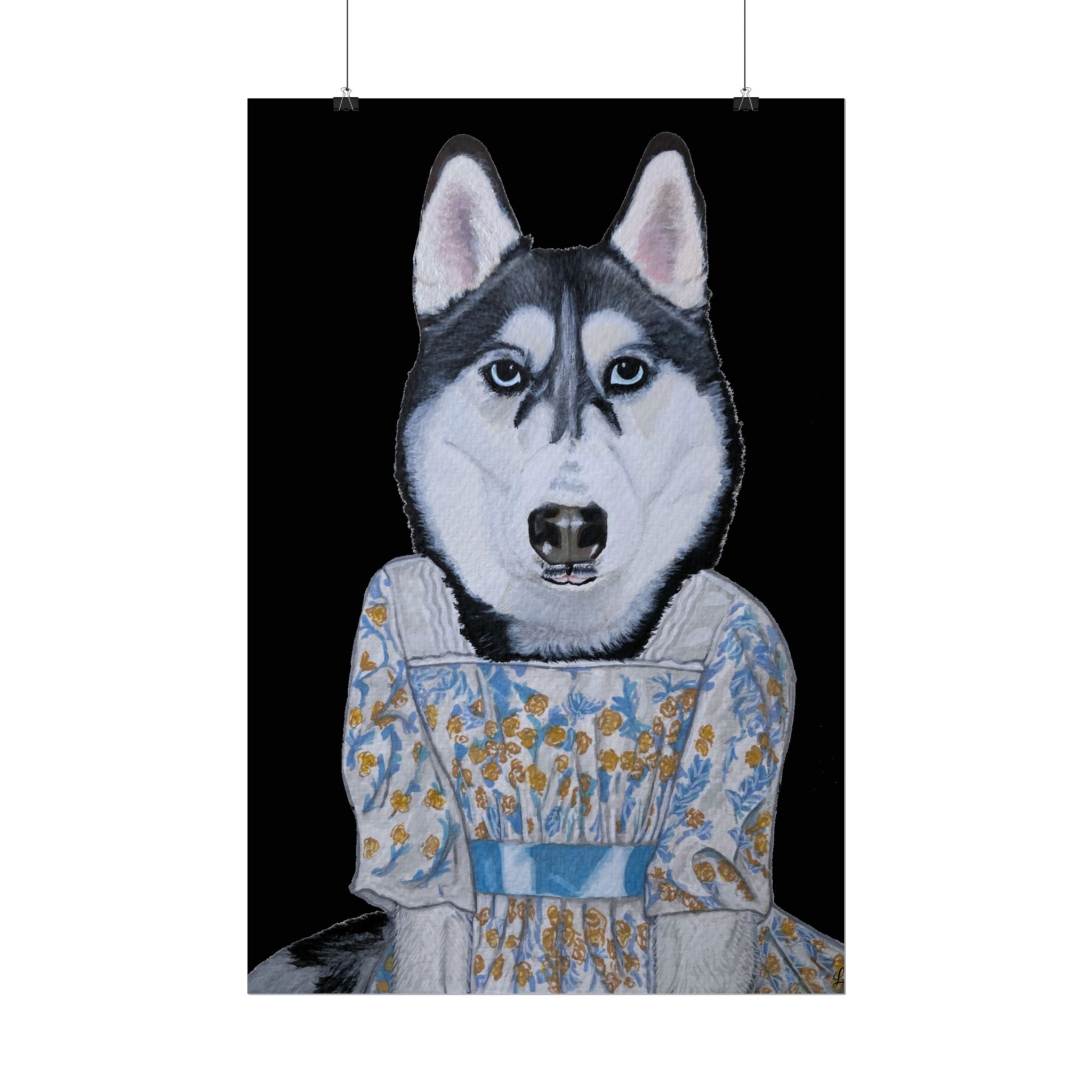 Funny Husky Wearing Jane Austen Style Regency Era-Inspired Dress Wall Poster - Black Background