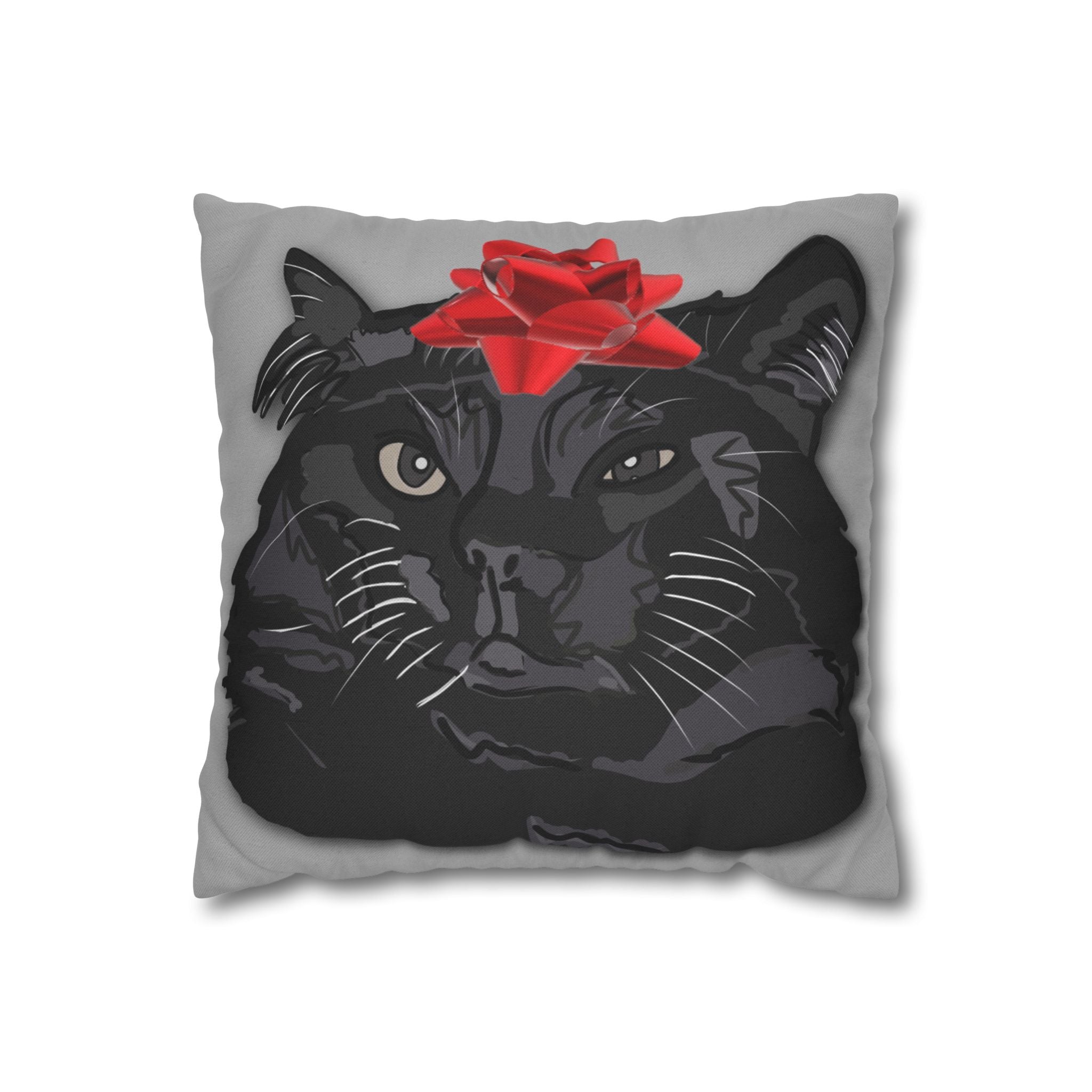 Black Cat with Red Bow Pillowcase - Gray Background | Spun Polyester Square Pillowcase