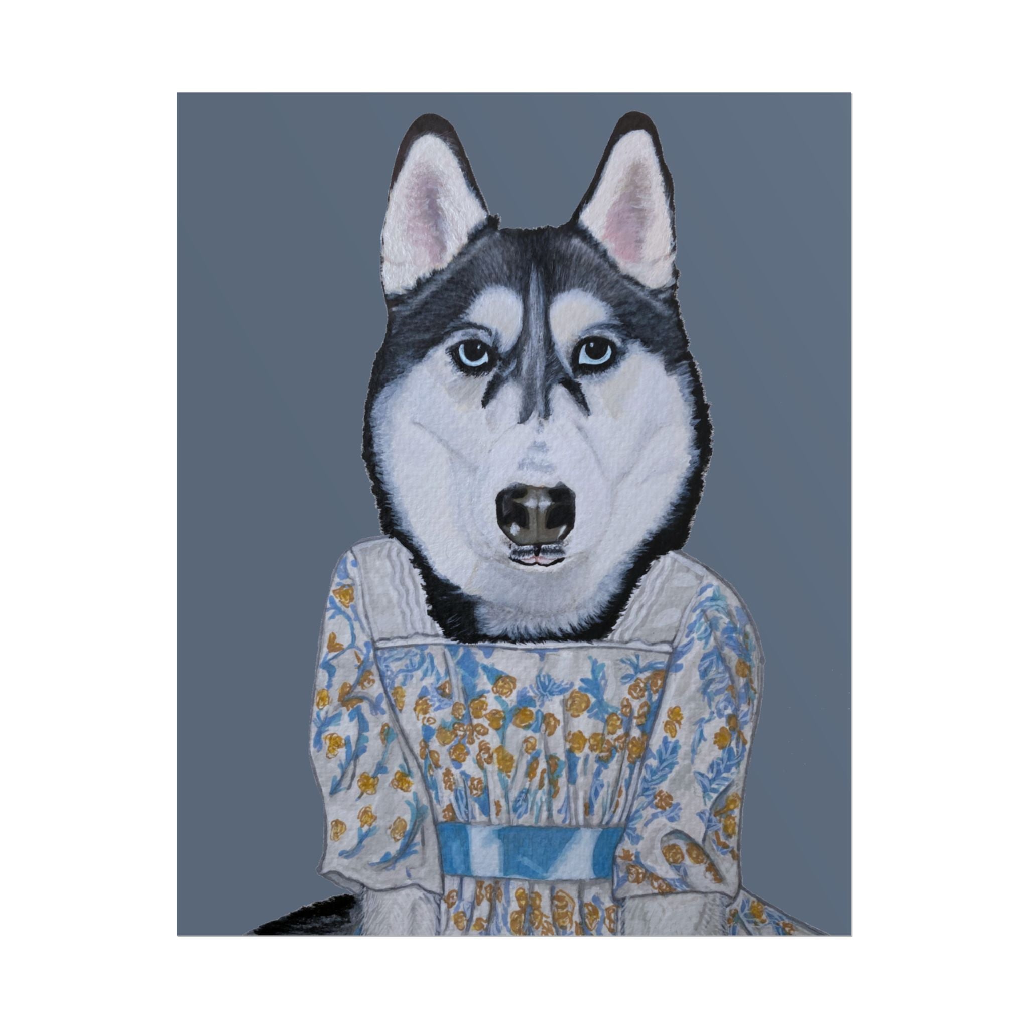 Funny Husky Wearing Jane Austen Style Regency Era-Inspired Dress Wall Poster - Dark Gray Background
