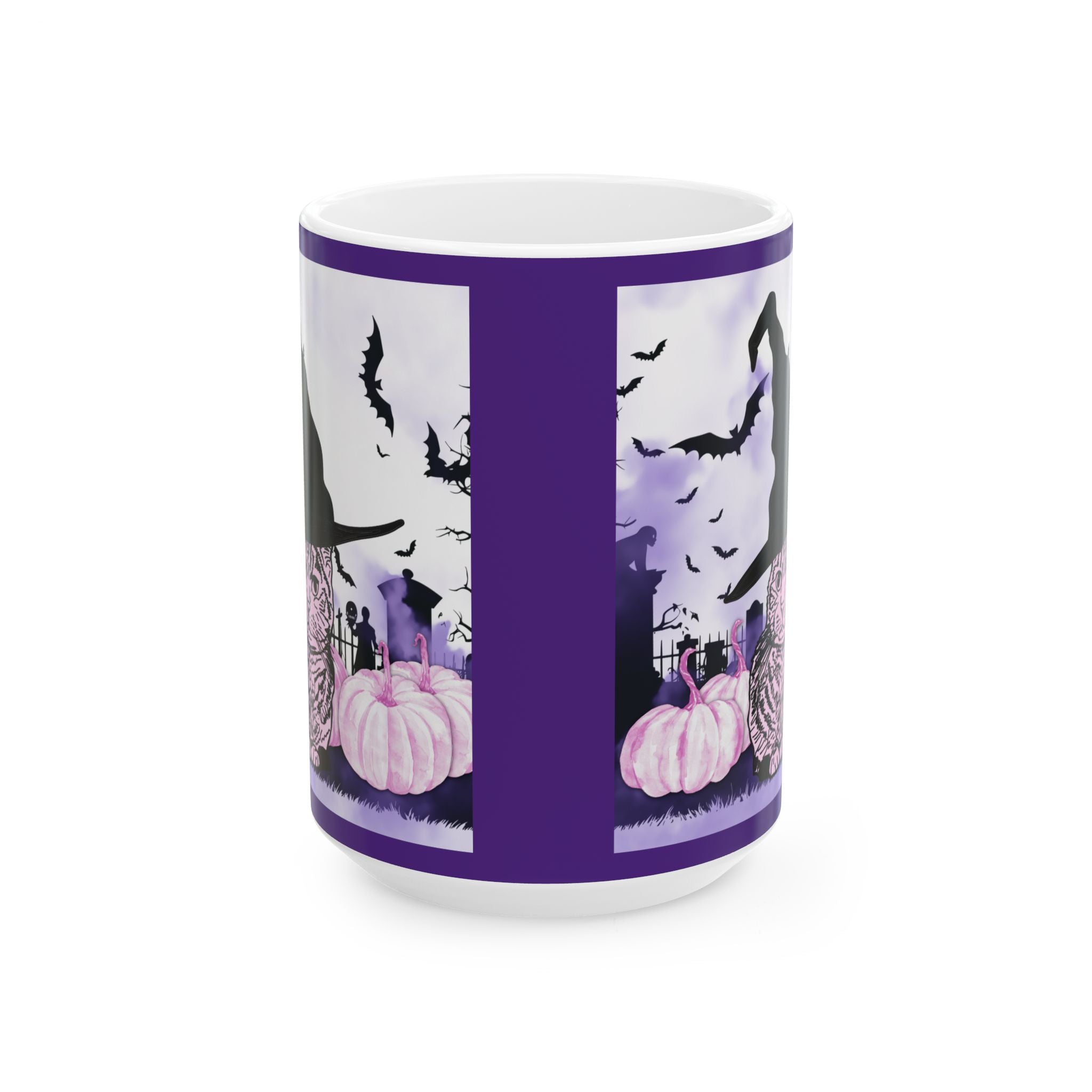 Cute and Spooky Cat Witch Halloween Ceramic Mug - Pink and Purple