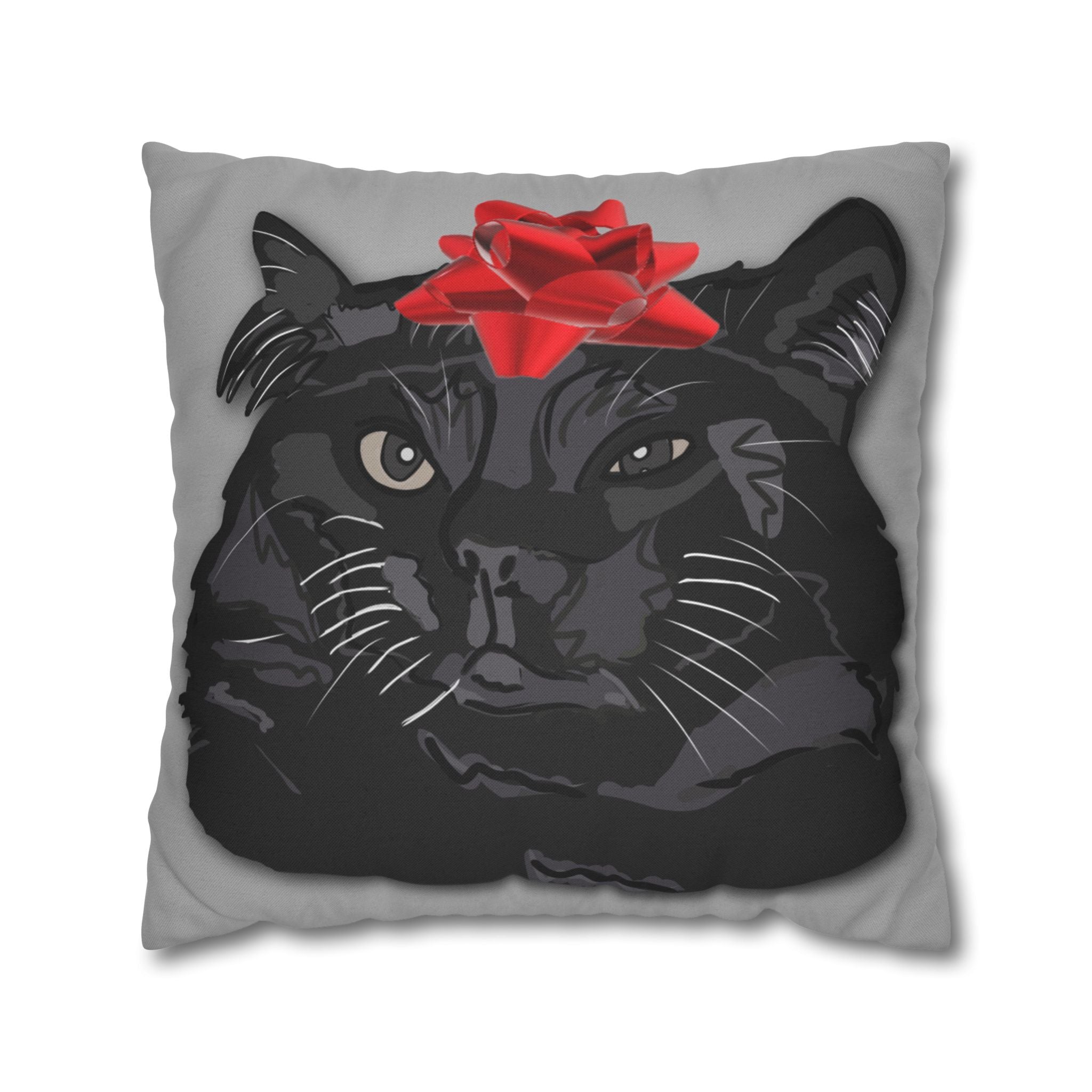 Black Cat with Red Bow Pillowcase - Gray Background | Spun Polyester Square Pillowcase
