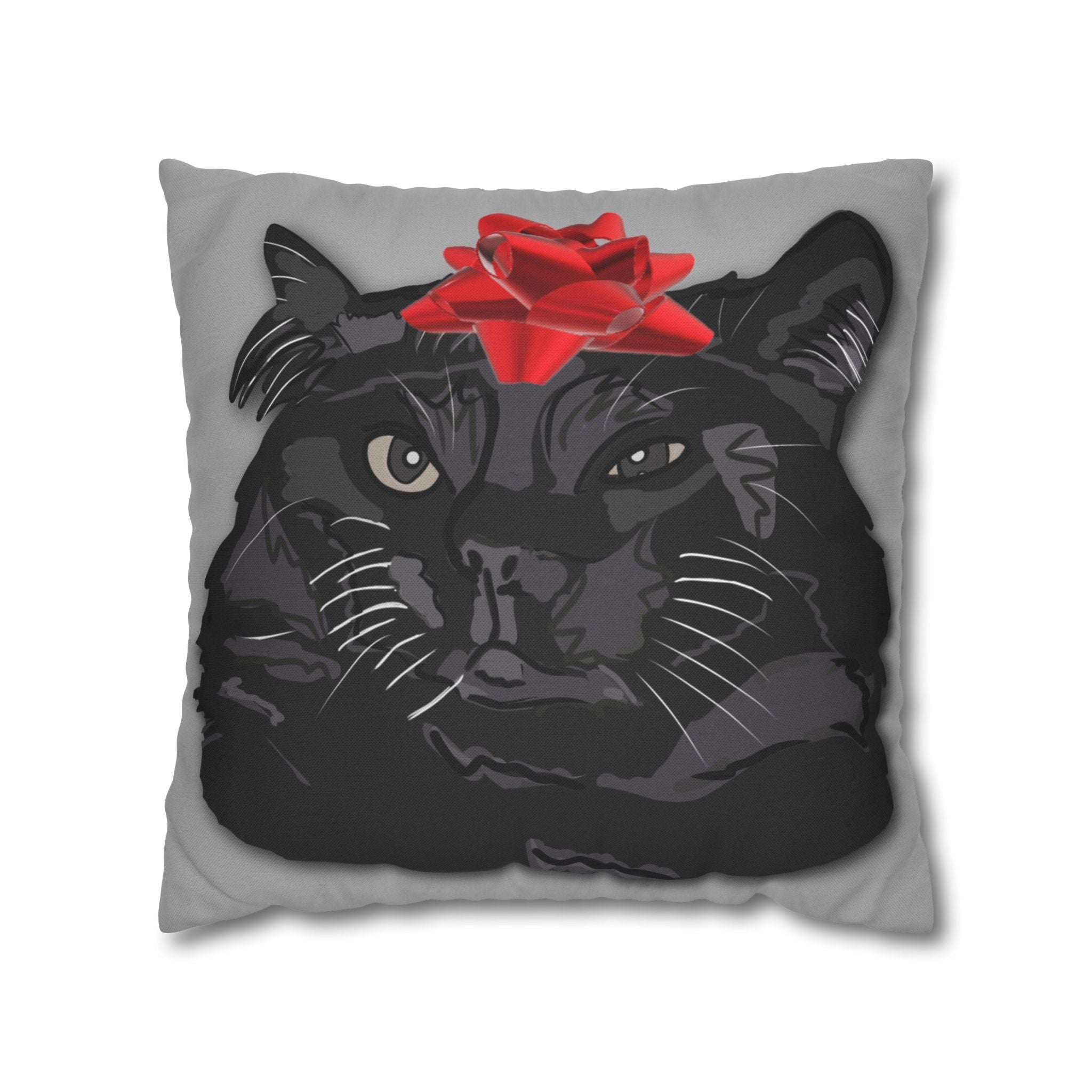Black Cat with Red Bow Pillowcase - Gray Background | Spun Polyester Square Pillowcase