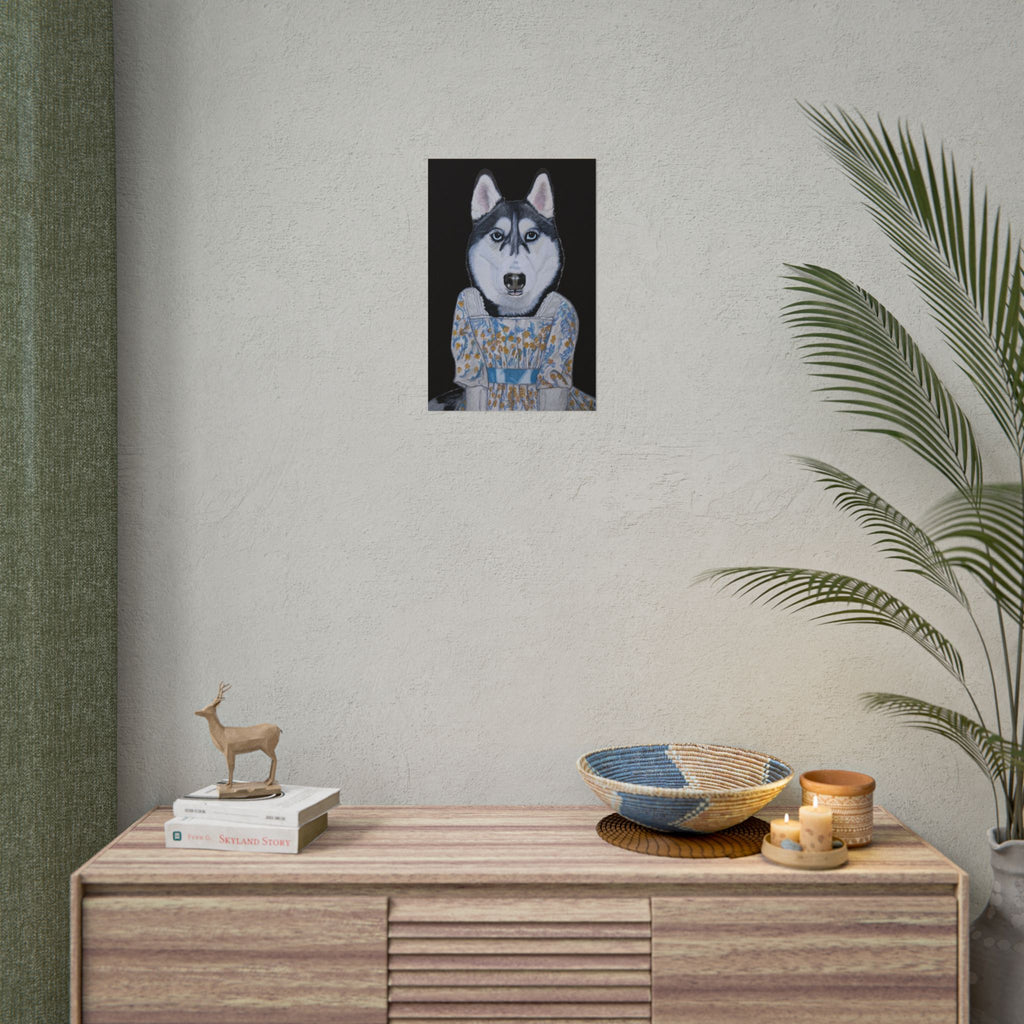 Funny Husky Wearing Jane Austen Style Regency Era-Inspired Dress Wall Poster - Black Background
