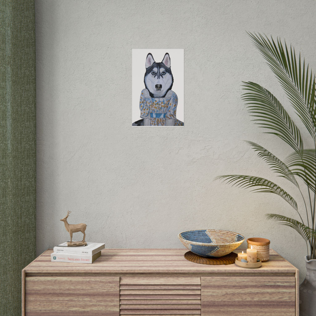 Funny Husky Wearing Jane Austen Style Regency Era-Inspired Dress Wall Poster - White Background