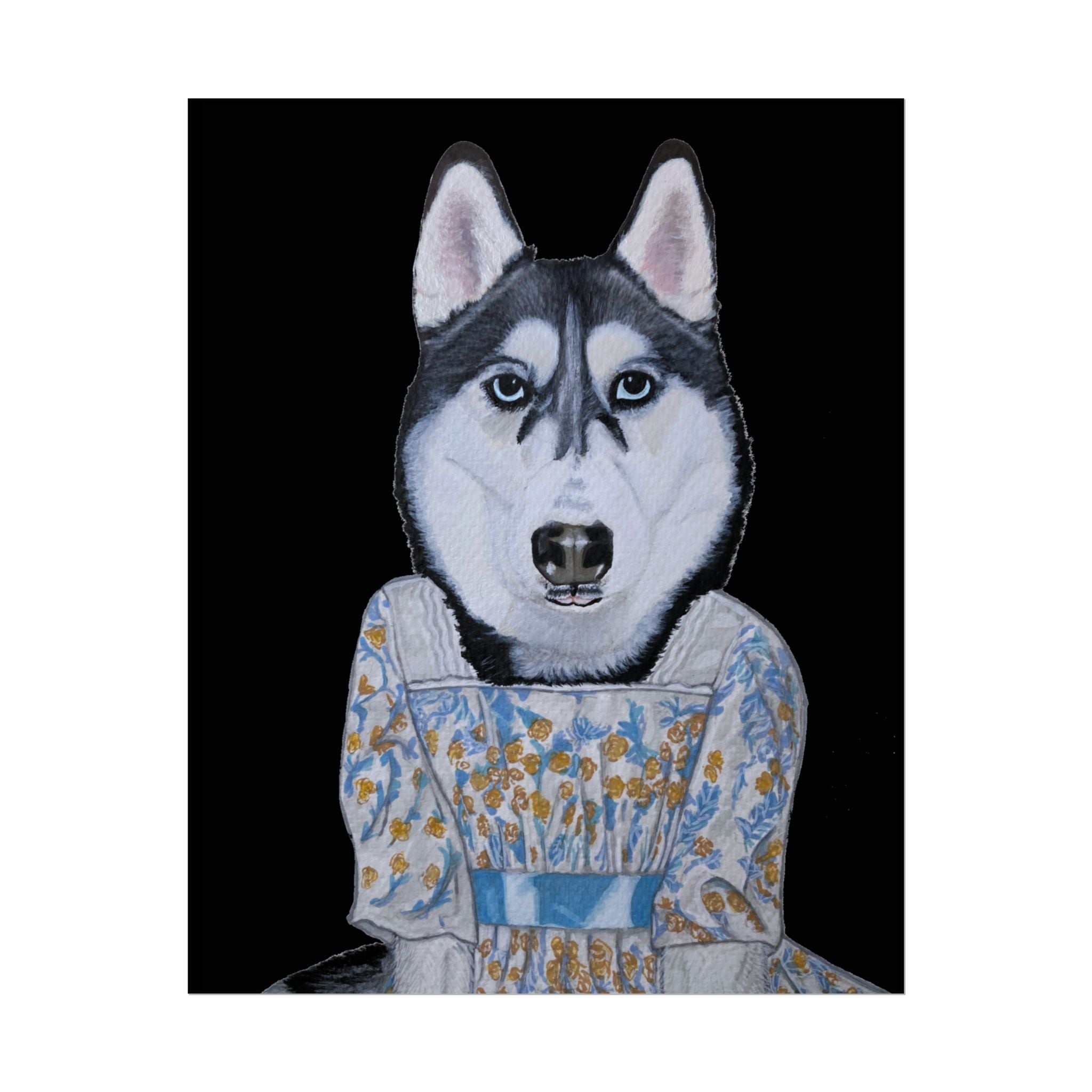 Funny Husky Wearing Jane Austen Style Regency Era-Inspired Dress Wall Poster - Black Background
