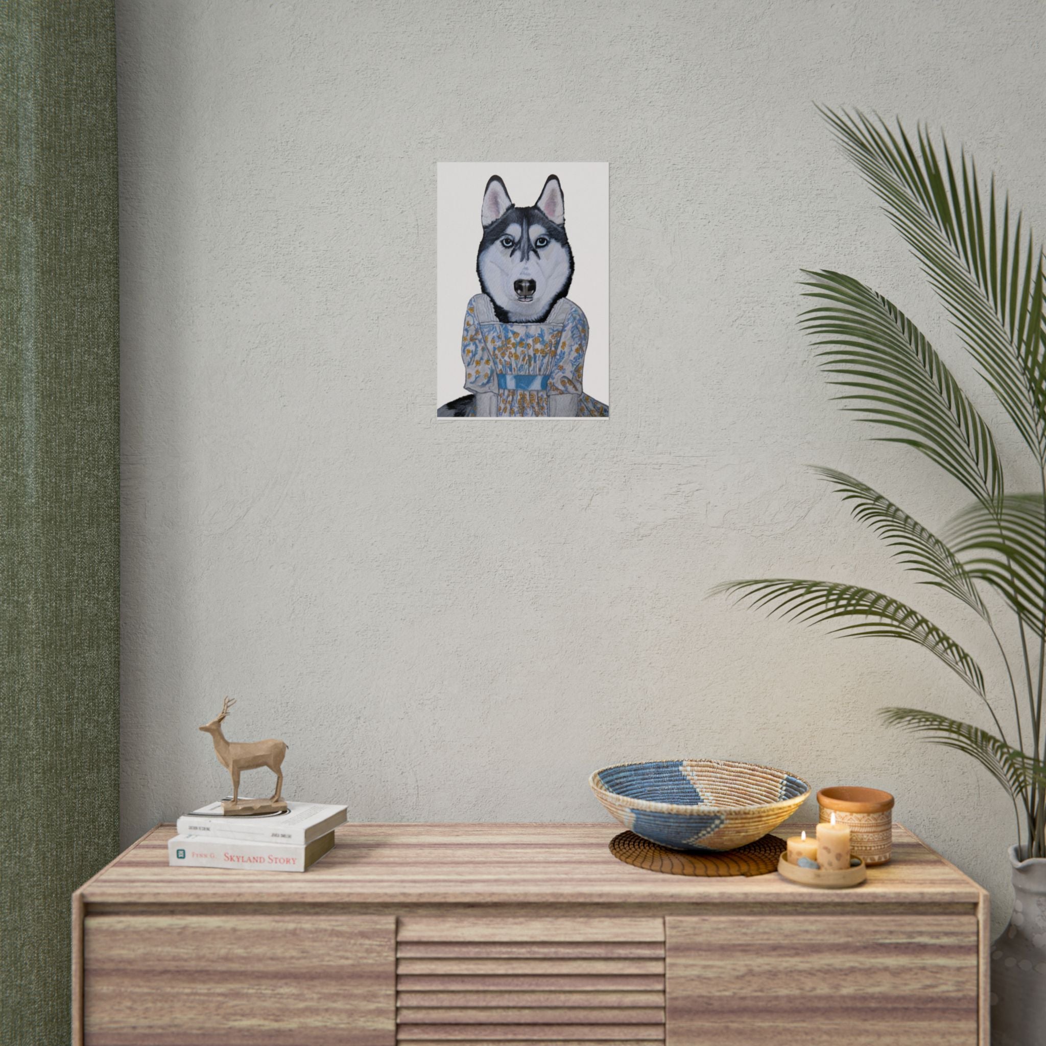 Funny Husky Wearing Jane Austen Style Regency Era-Inspired Dress Wall Poster - White Background