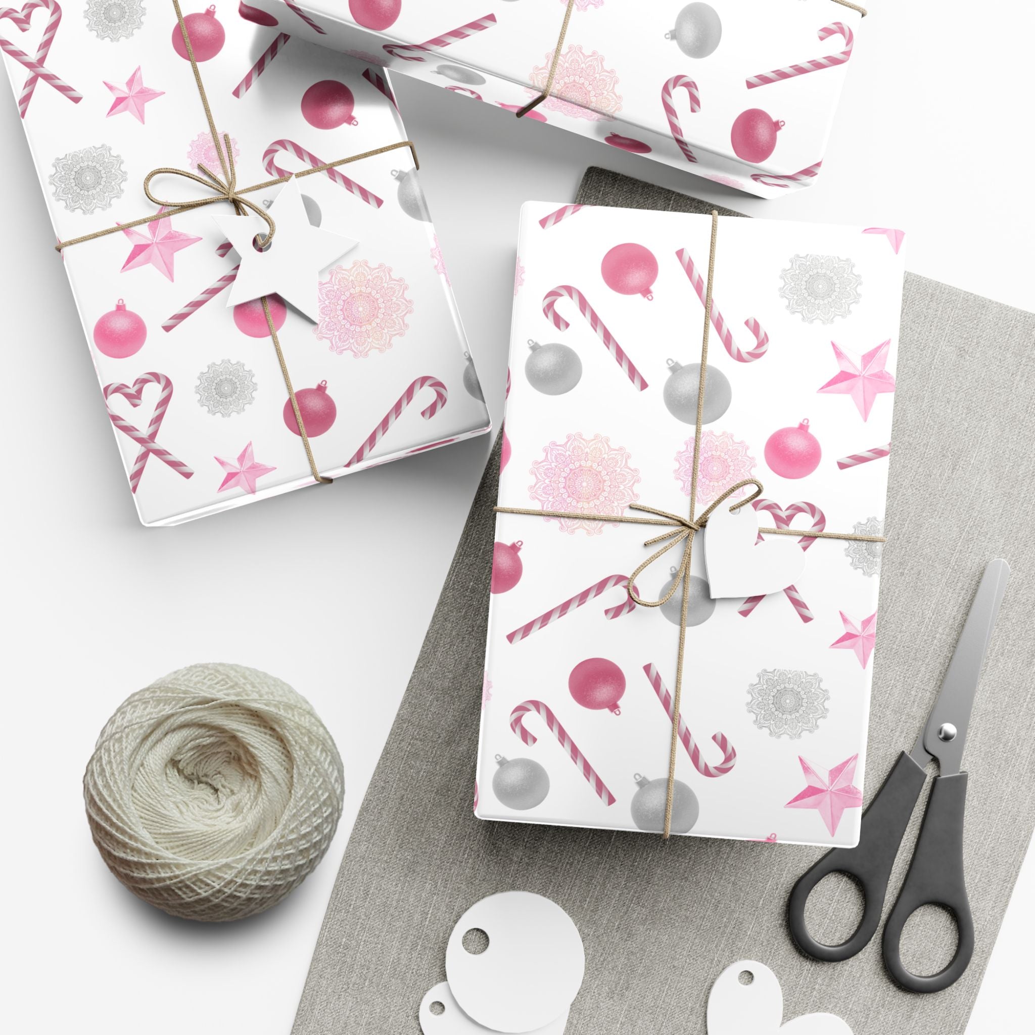 Shimmery White and Pink Christmas Wrapping Paper in Satin or Matte