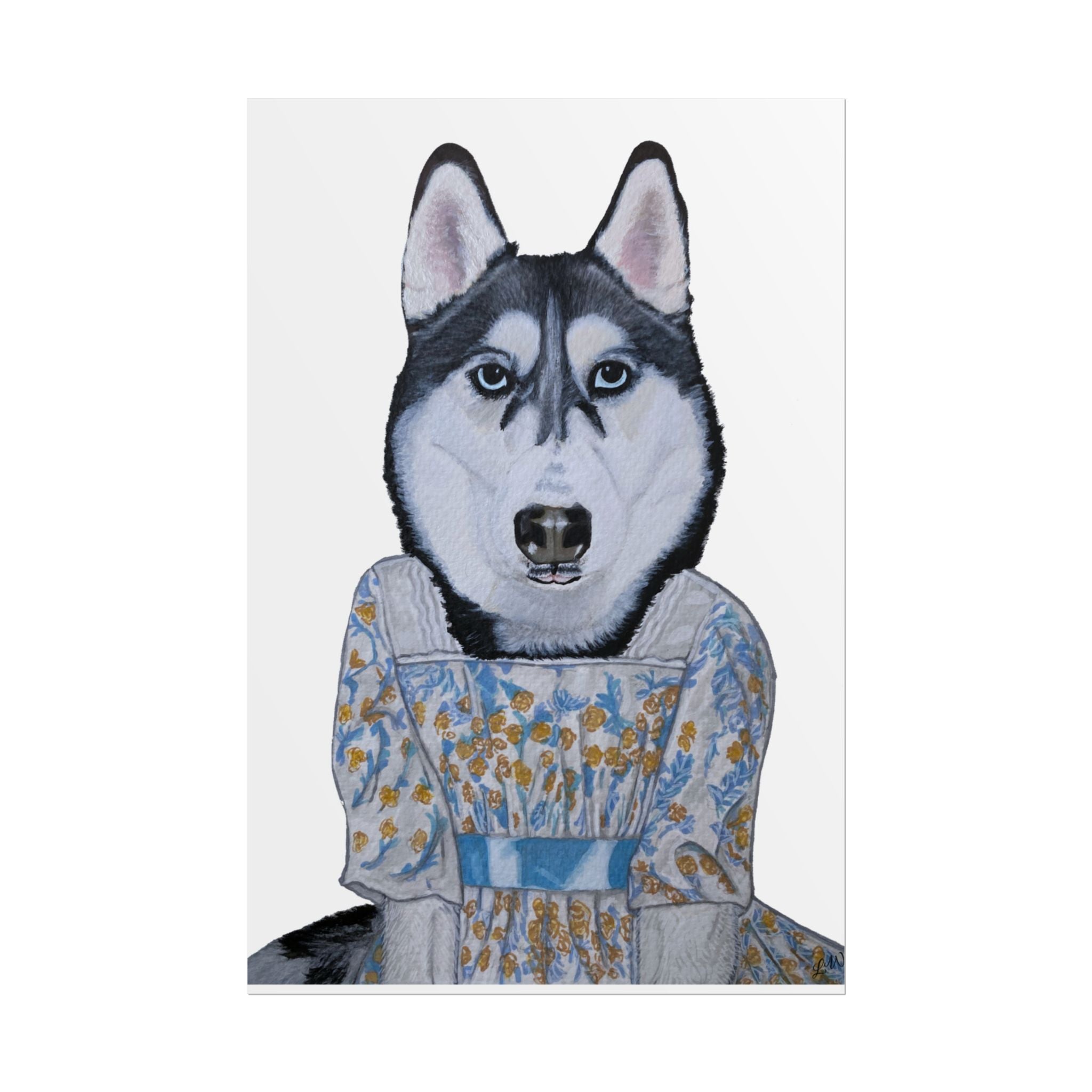 Funny Husky Wearing Jane Austen Style Regency Era-Inspired Dress Wall Poster - White Background