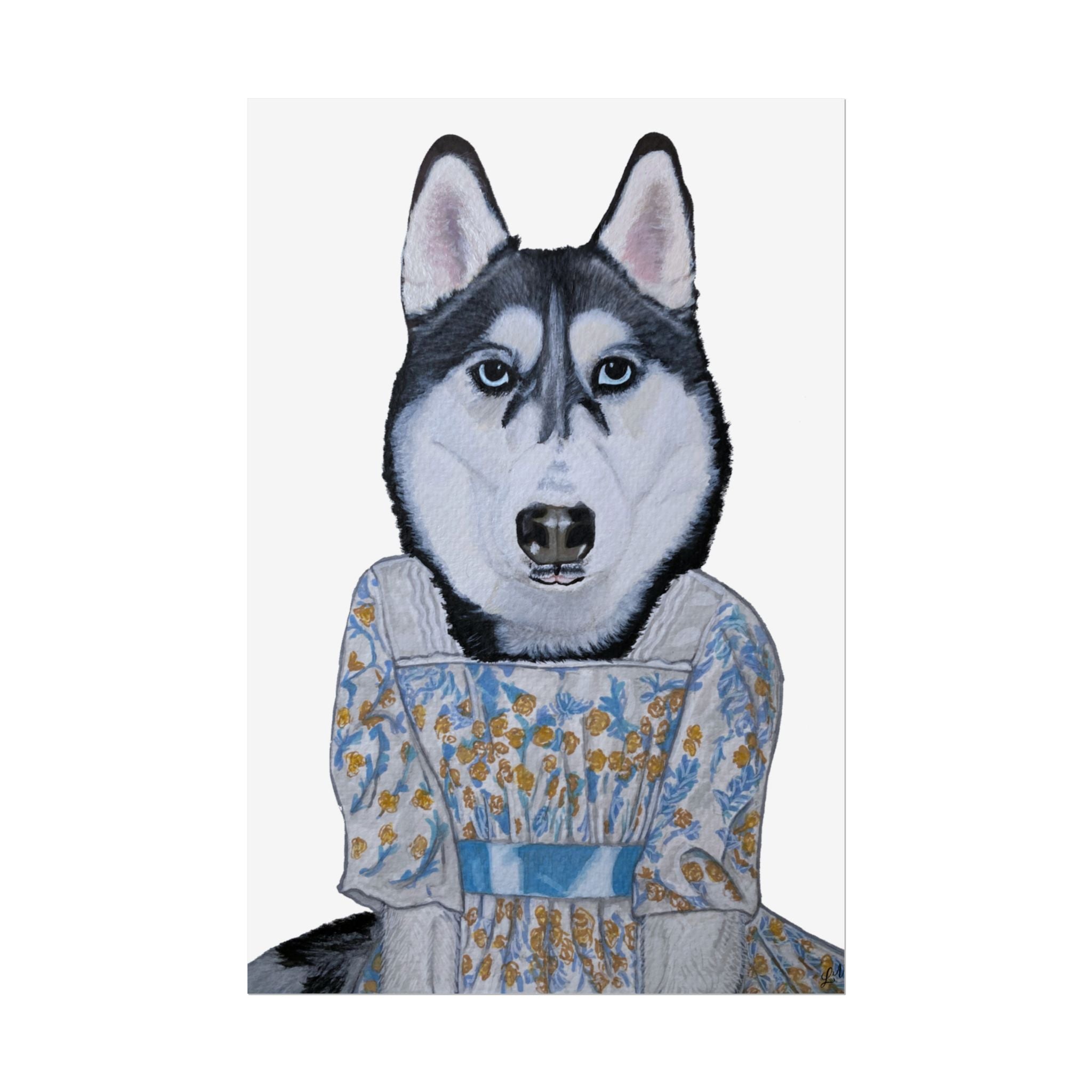 Funny Husky Wearing Jane Austen Style Regency Era-Inspired Dress Wall Poster - White Background