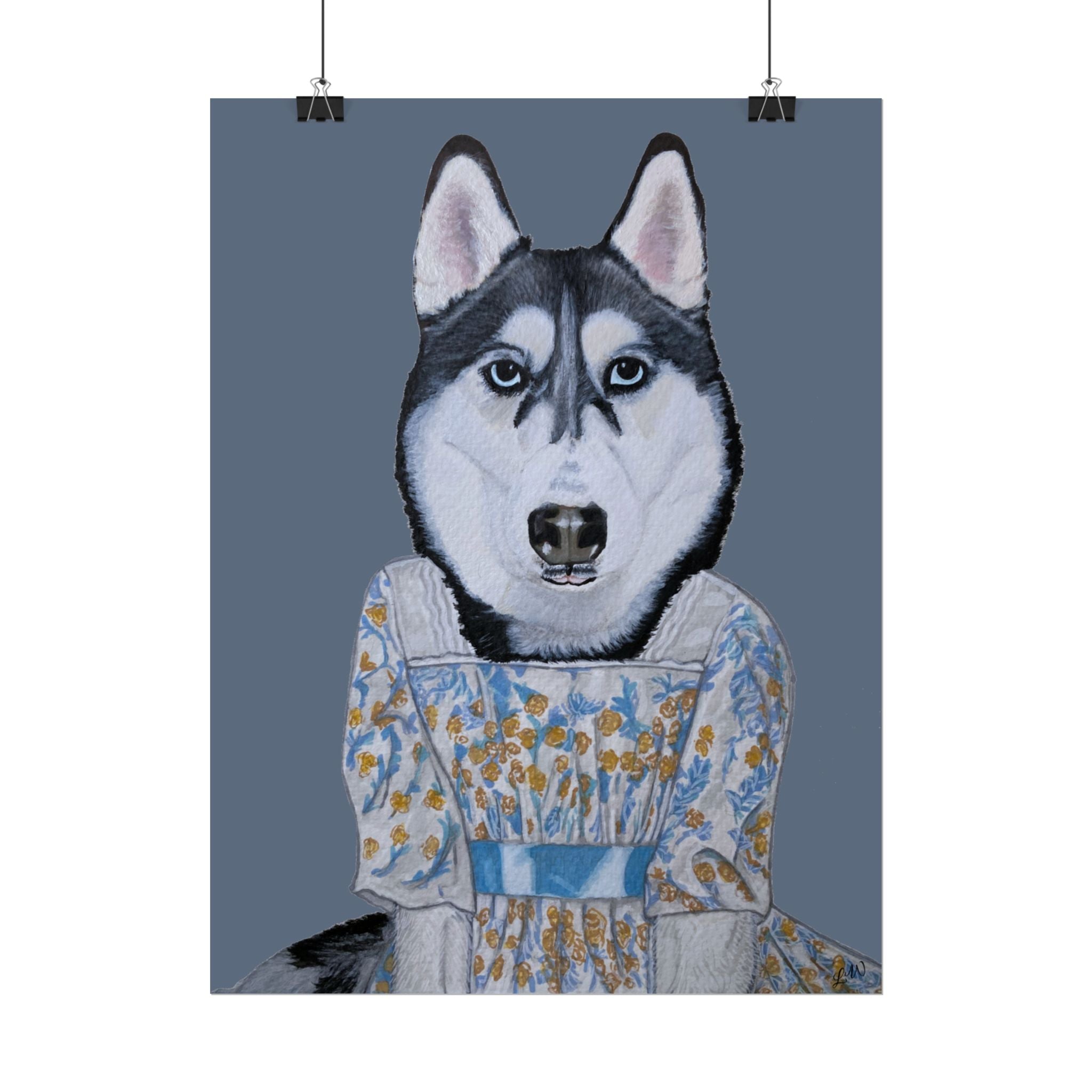 Funny Husky Wearing Jane Austen Style Regency Era-Inspired Dress Wall Poster - Dark Gray Background