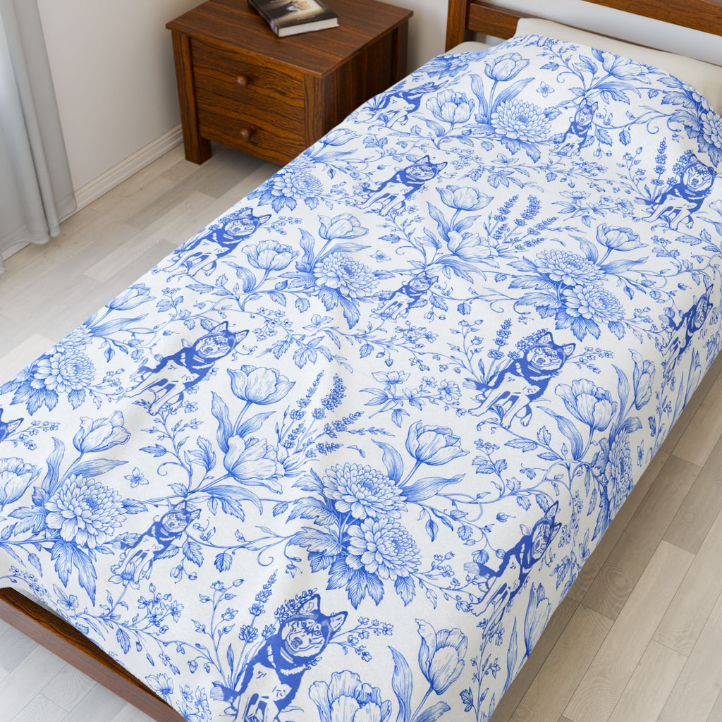 Blue Floral Husky Velveteen Plush Blanket | French Toile Dog Pattern