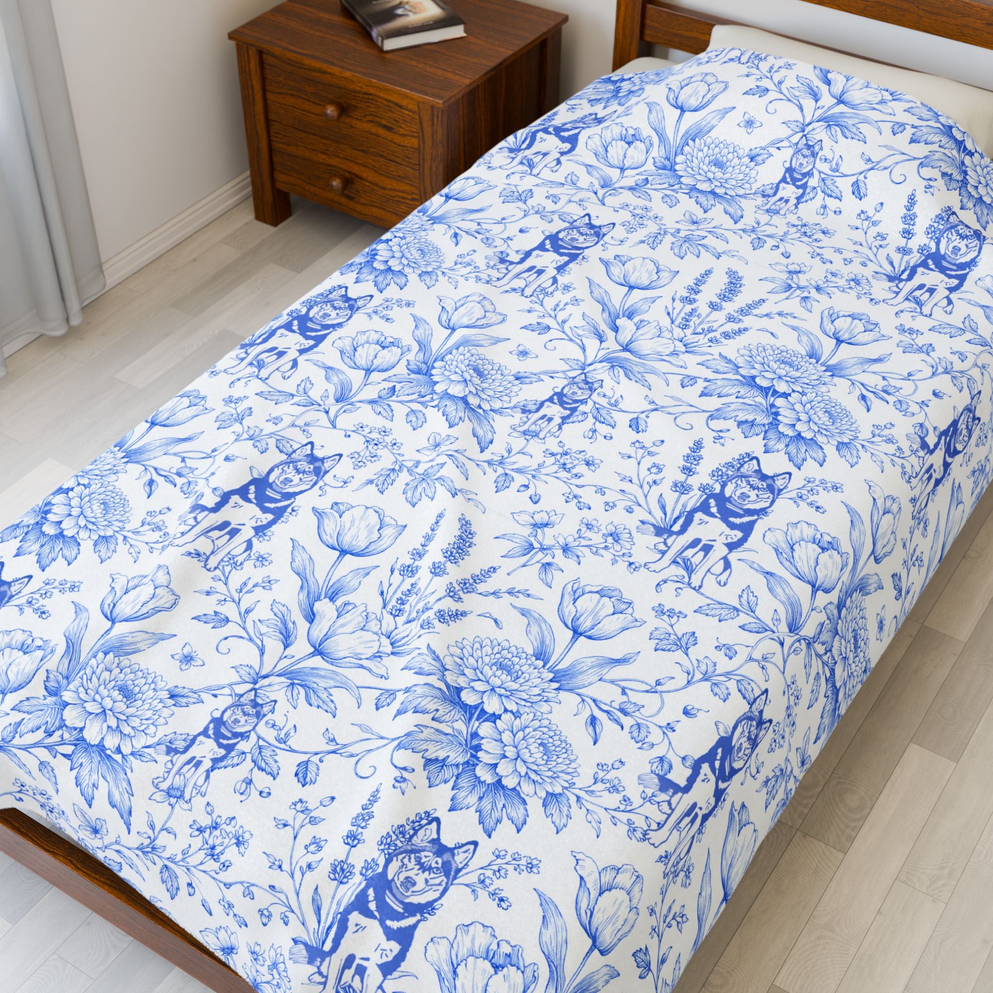 Blue Floral Husky Velveteen Plush Blanket | French Toile Dog Pattern