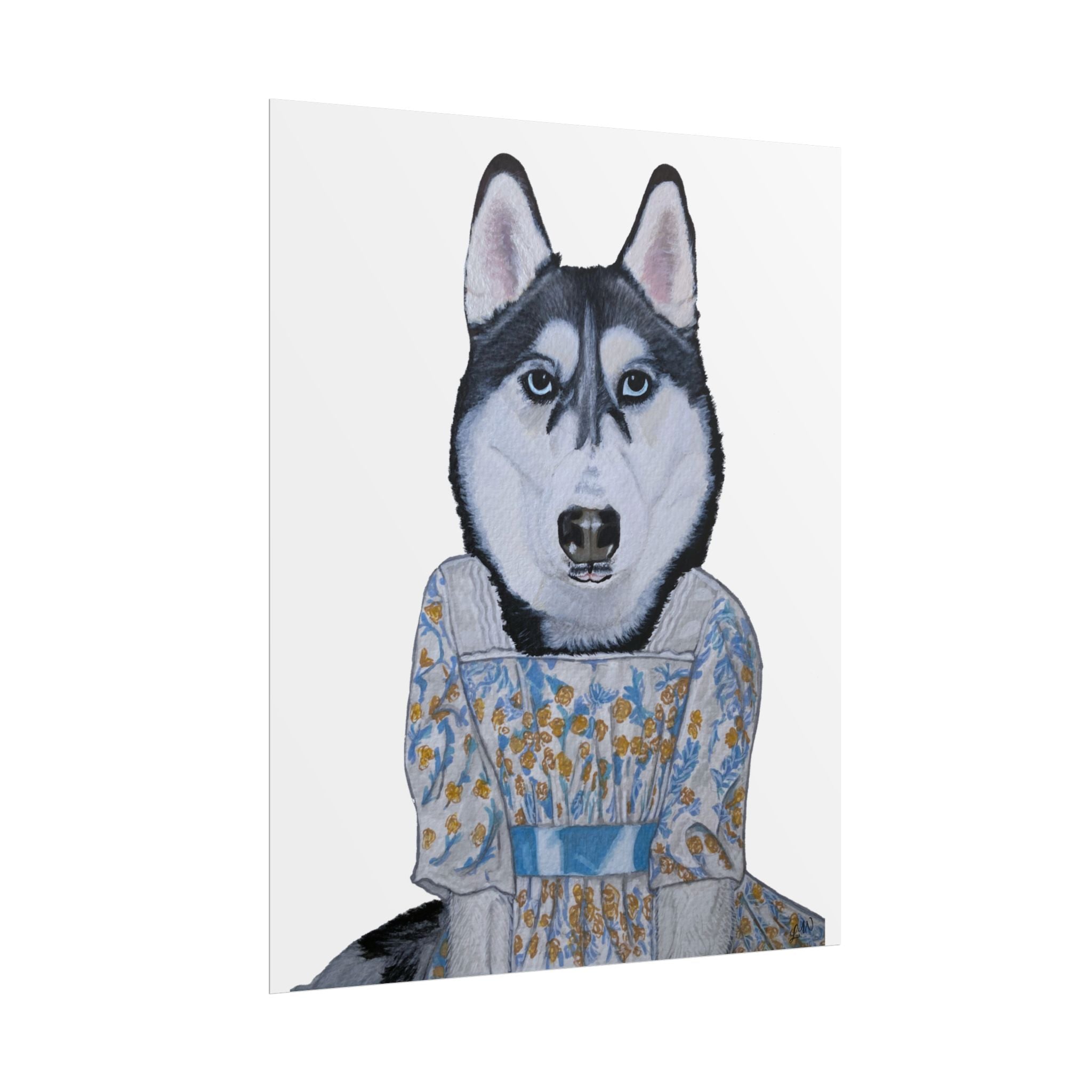 Funny Husky Wearing Jane Austen Style Regency Era-Inspired Dress Wall Poster - White Background