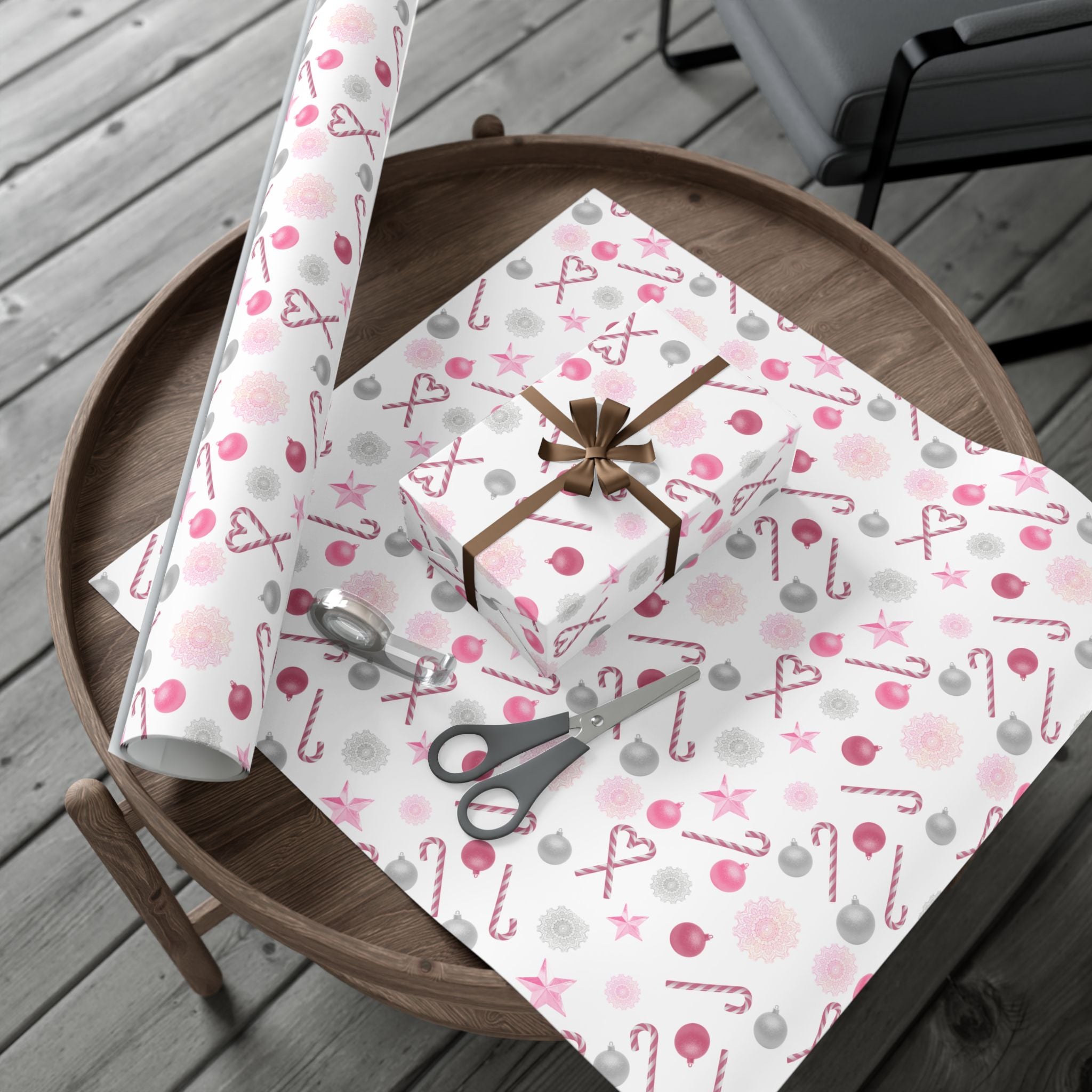 Shimmery White and Pink Christmas Wrapping Paper in Satin or Matte