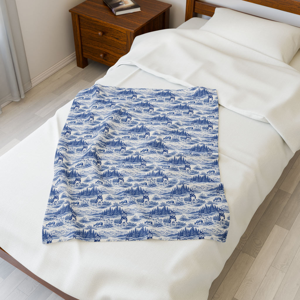 Husky Toile Wilderness Landscape Blanket | Blue Scenic Velveteen Plush Blanket