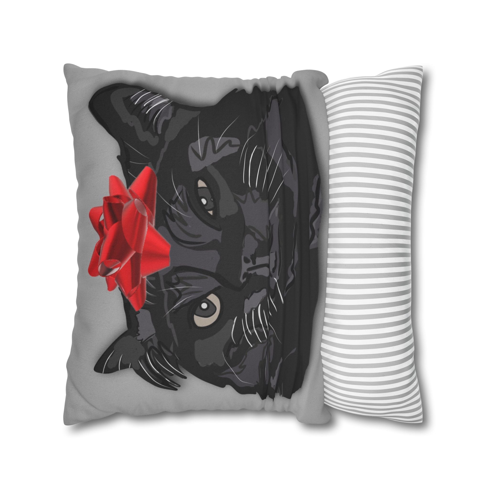 Black Cat with Red Bow Pillowcase - Gray Background | Spun Polyester Square Pillowcase