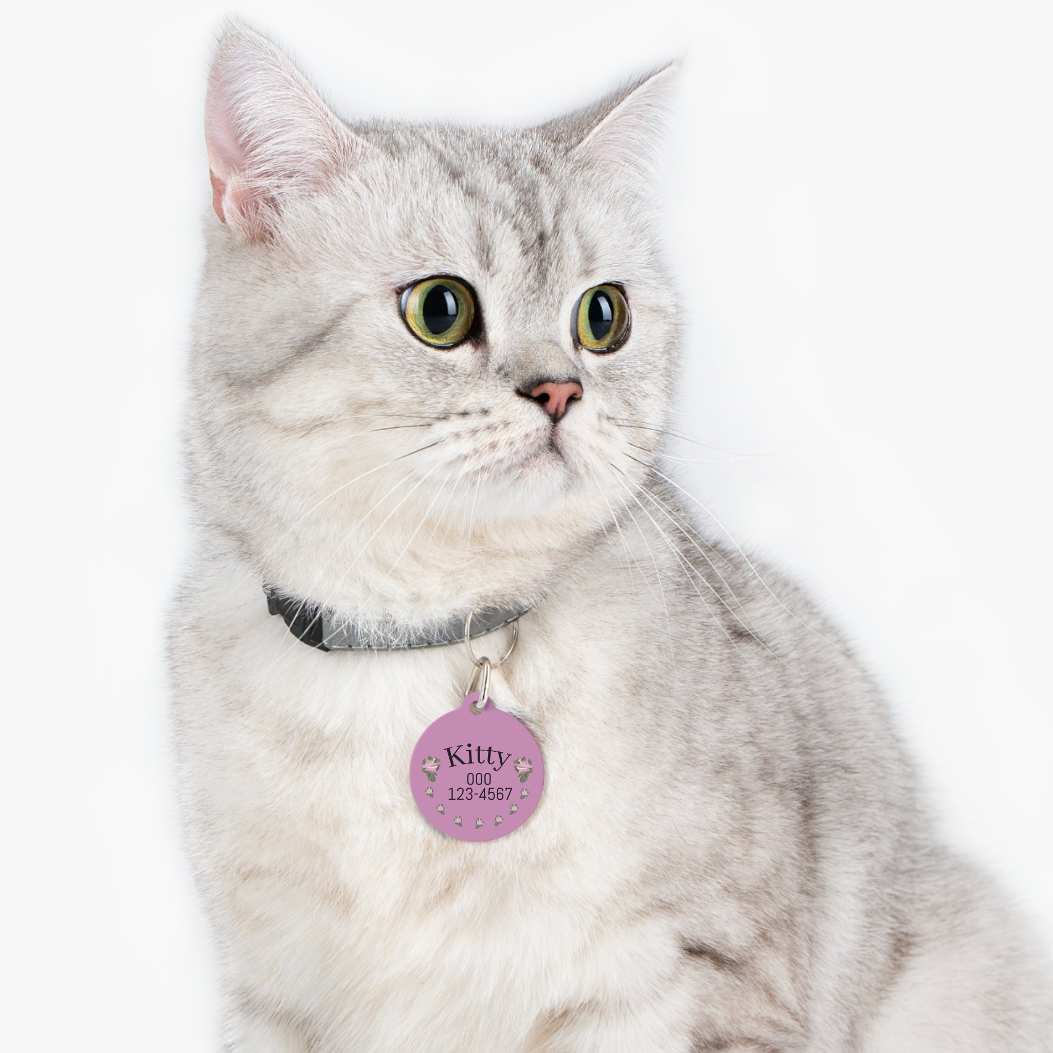 Pet Tag — Personalized Pink Floral Cat ID Tag with Paw Address