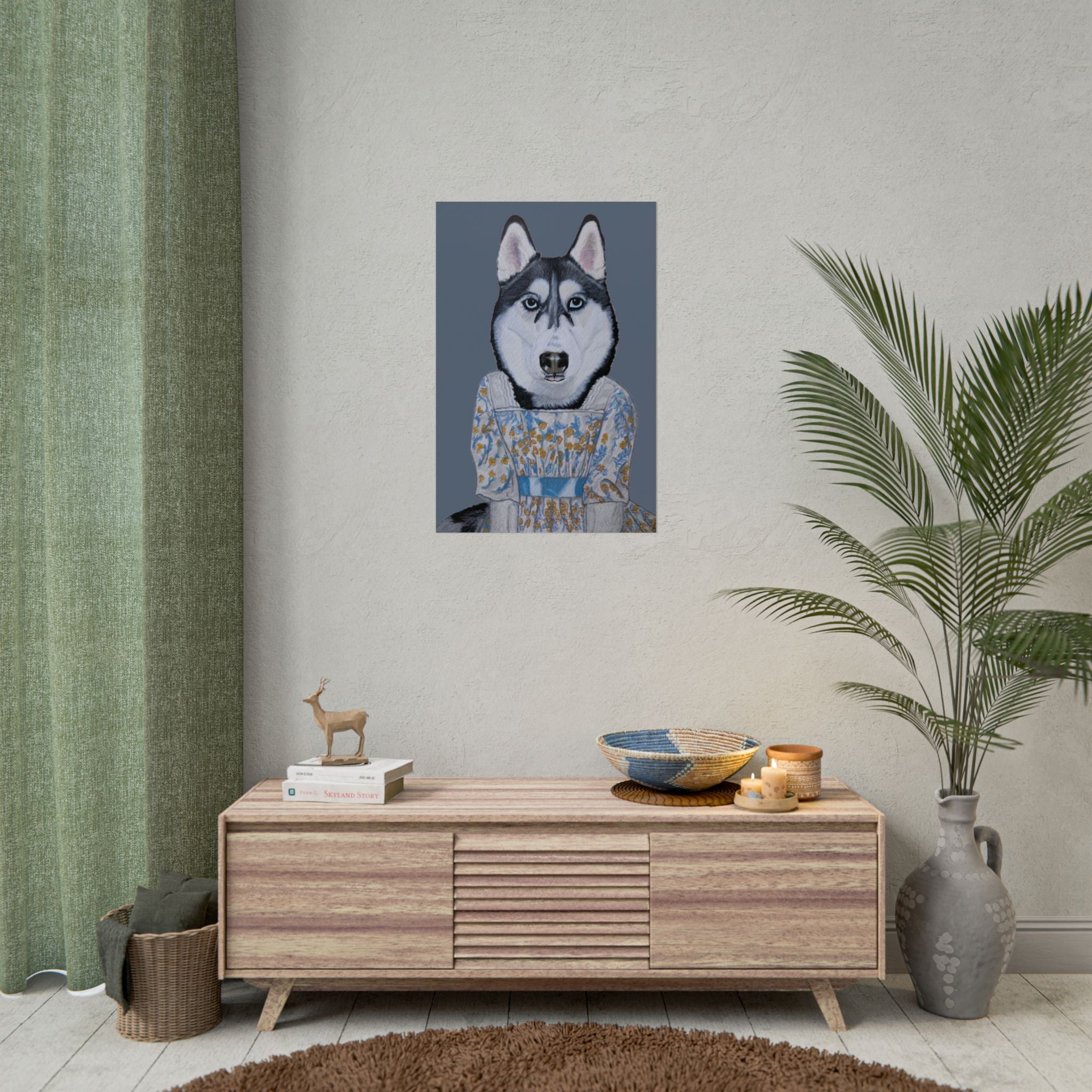 Funny Husky Wearing Jane Austen Style Regency Era-Inspired Dress Wall Poster - Dark Gray Background
