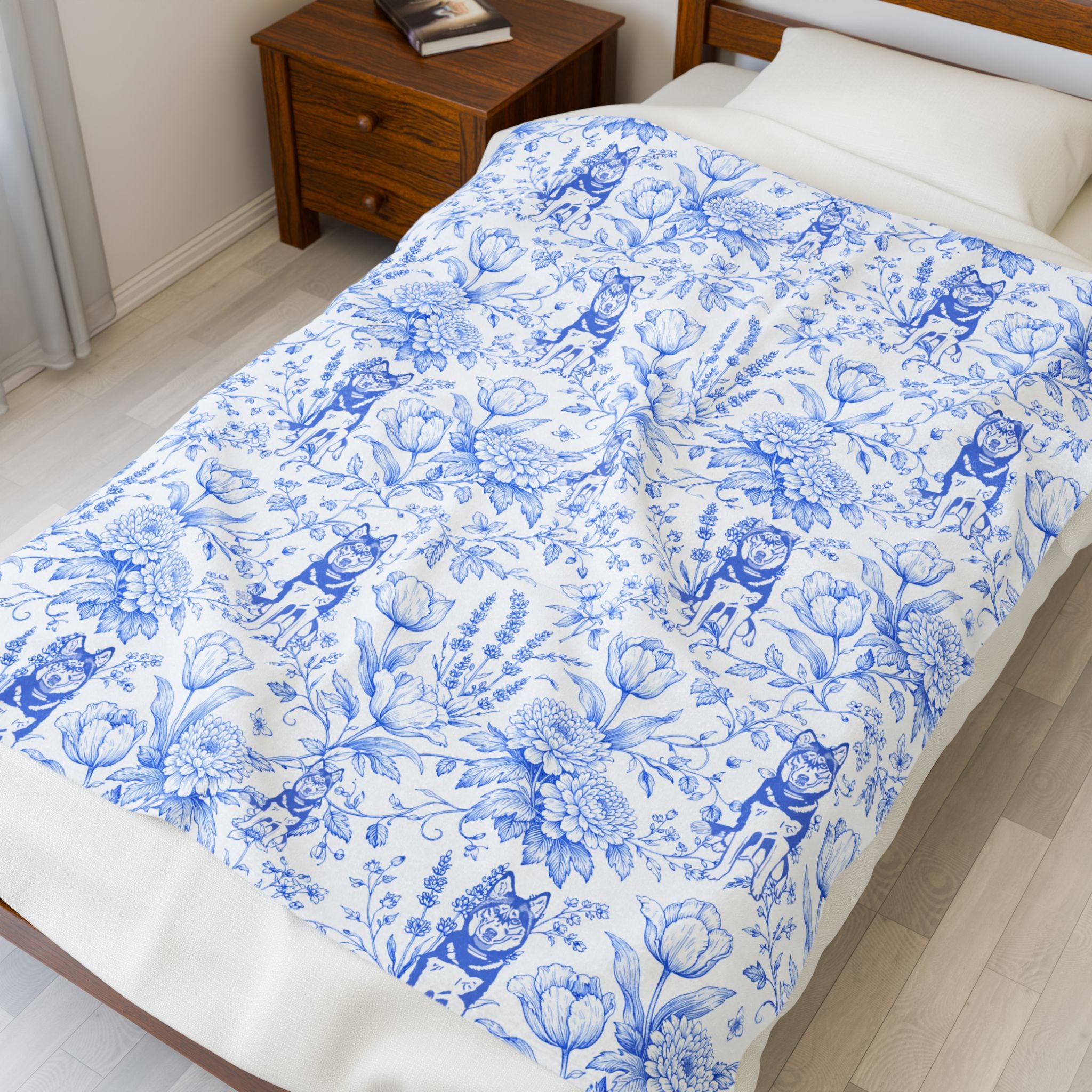 Blue Floral Husky Velveteen Plush Blanket | French Toile Dog Pattern