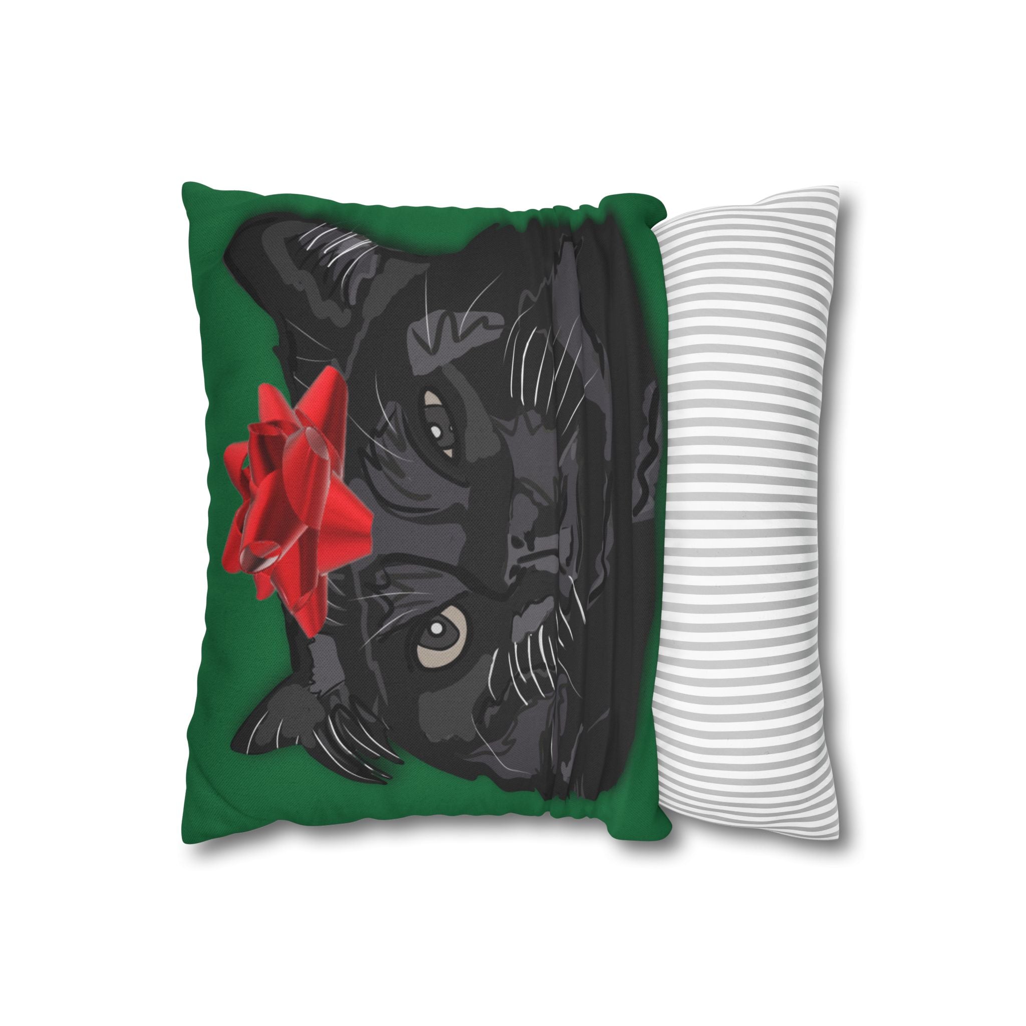 Black Cat with Red Bow Pillowcase - Green Background | Spun Polyester Square Pillowcase
