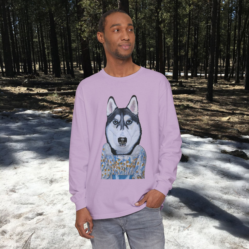 Husky Wearing Jane Austen Style Dress Long Sleeve T-Shirt, Animal Lover Gift, Dog-Themed Apparel, Casual Wear, Winter Fashion