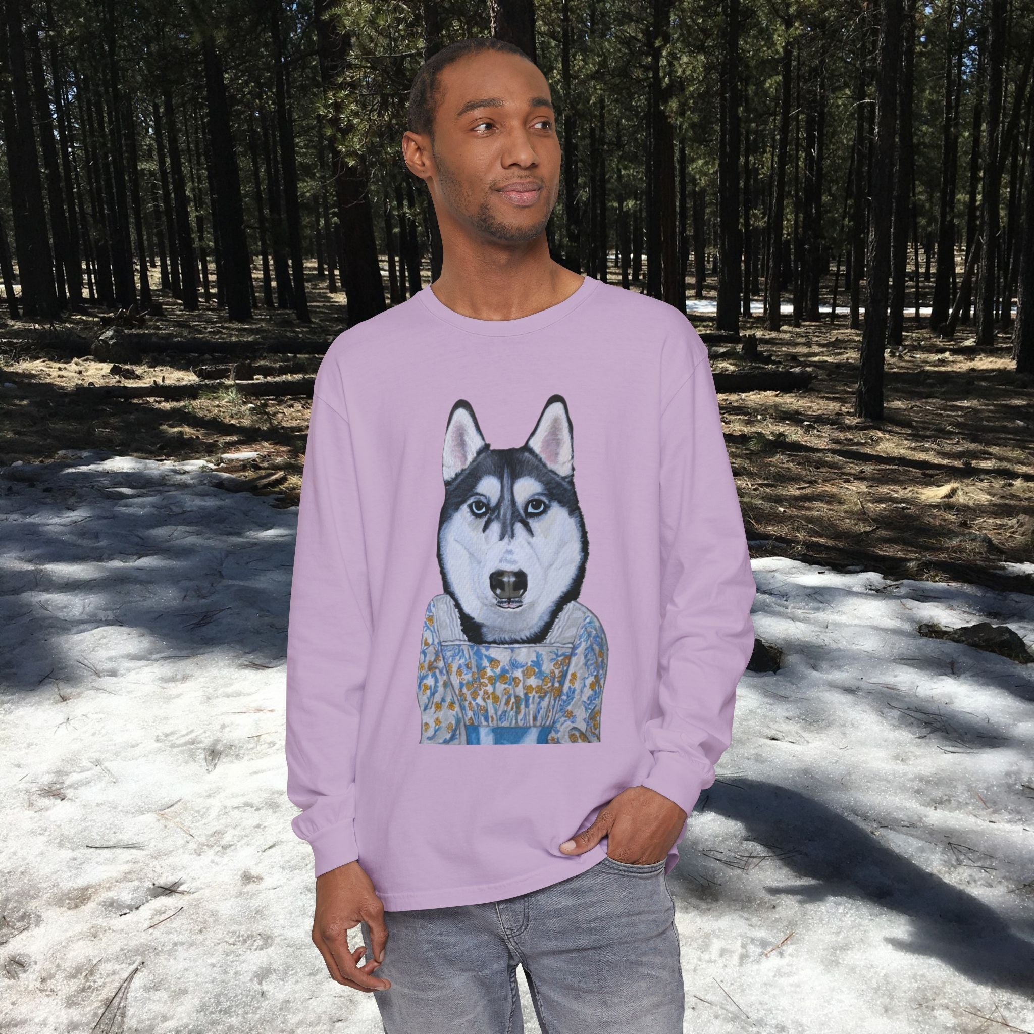 Husky Wearing Jane Austen Style Dress Long Sleeve T-Shirt, Animal Lover Gift, Dog-Themed Apparel, Casual Wear, Winter Fashion