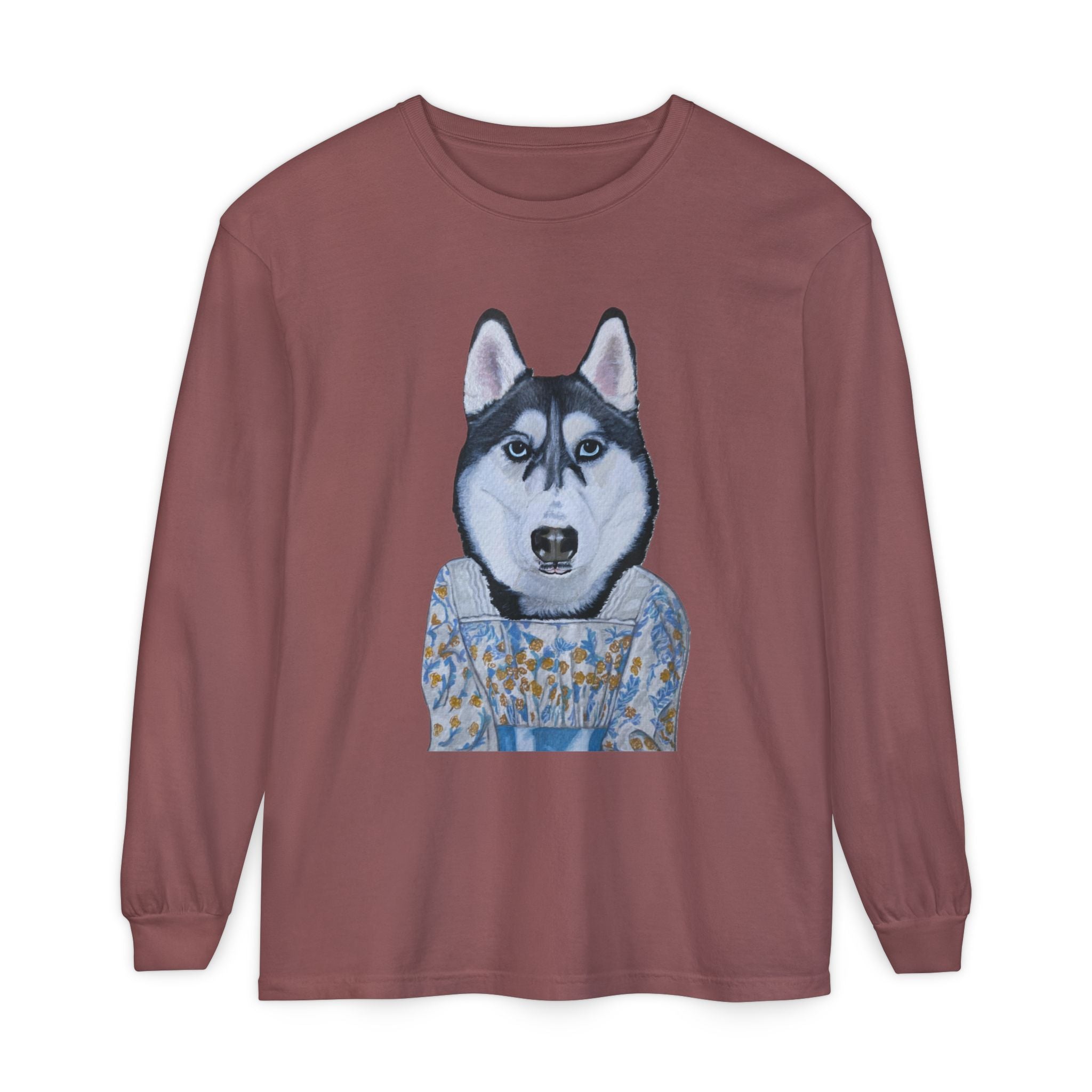 Husky Wearing Jane Austen Style Dress Long Sleeve T-Shirt, Animal Lover Gift, Dog-Themed Apparel, Casual Wear, Winter Fashion