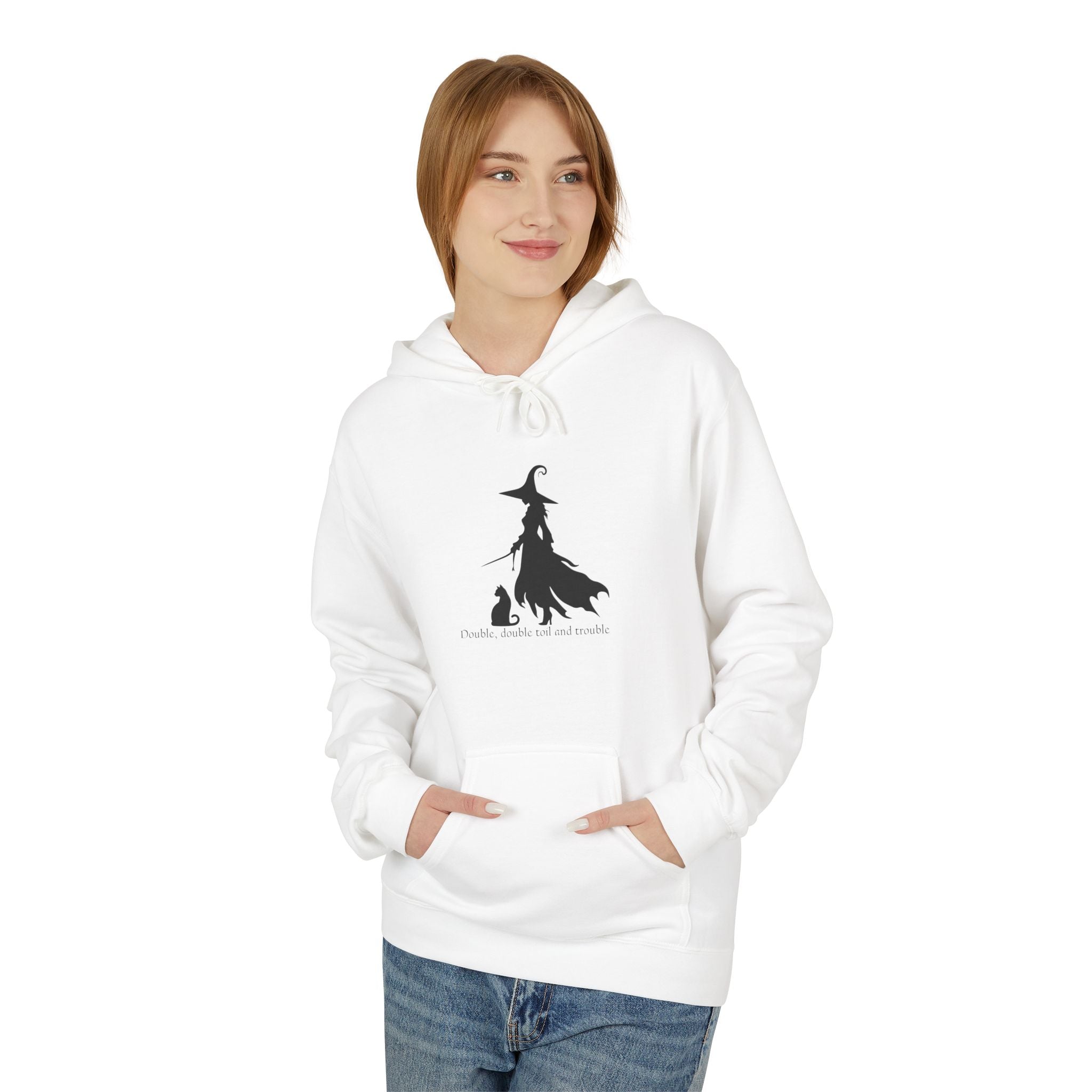 Witchy Cat Fleece Hoodie, Cozy Unisex Sweater, Perfect for Halloween, Casual Wear, Gift for Cat Lovers, Spooky Season Apparel