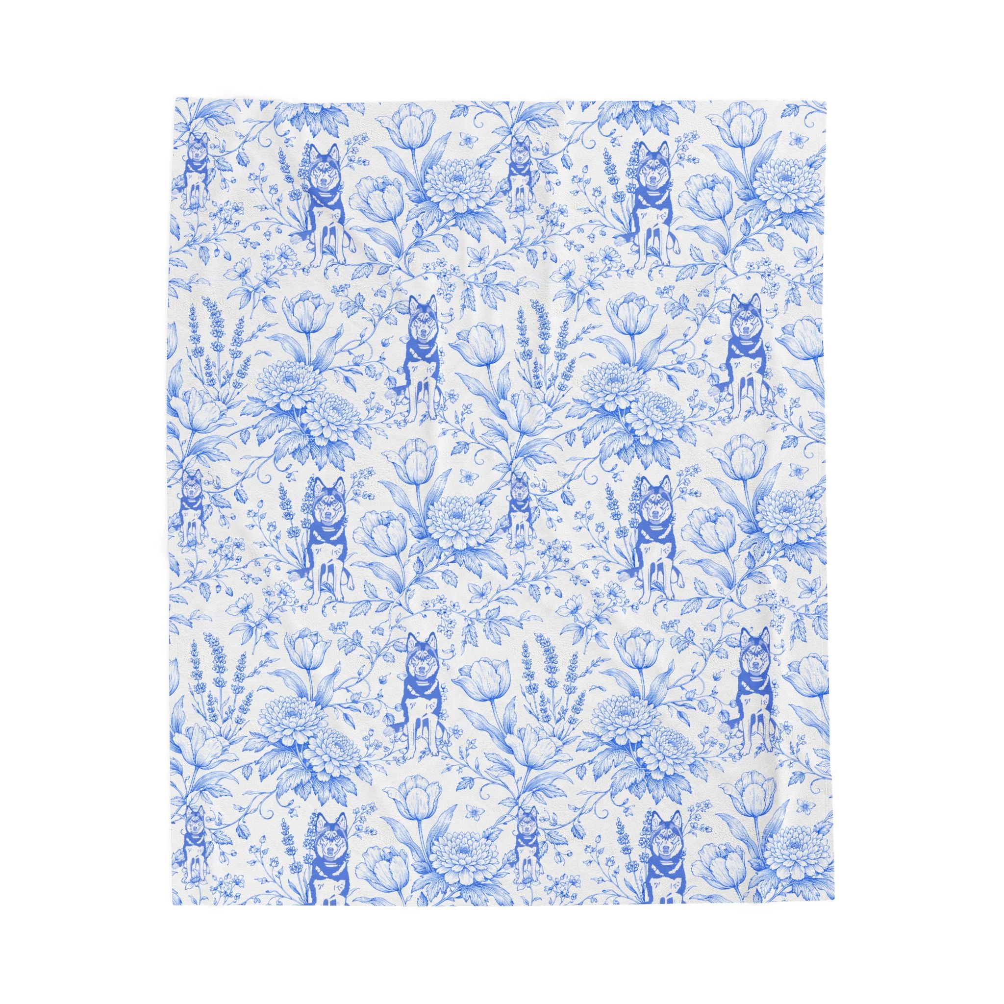 Blue Floral Husky Velveteen Plush Blanket | French Toile Dog Pattern