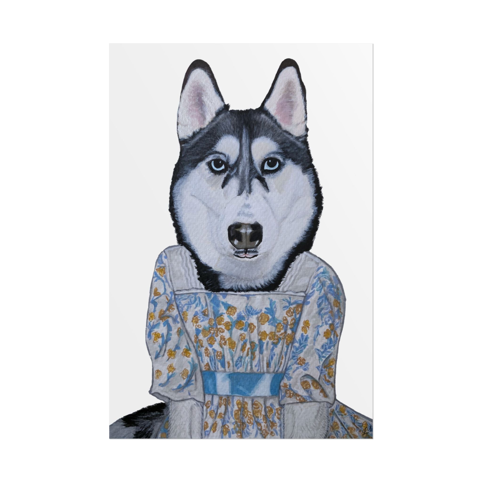 Funny Husky Wearing Jane Austen Style Regency Era-Inspired Dress Wall Poster - White Background