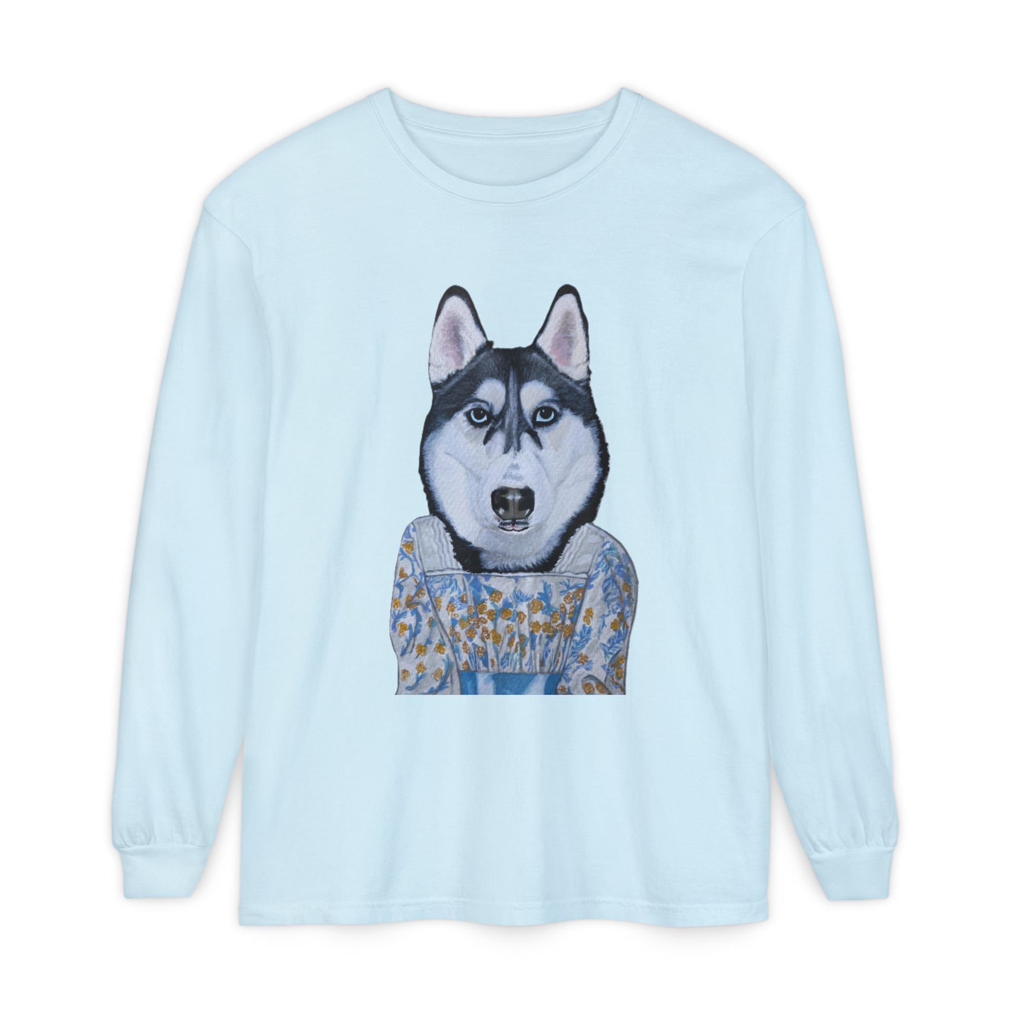 Husky Wearing Jane Austen Style Dress Long Sleeve T-Shirt, Animal Lover Gift, Dog-Themed Apparel, Casual Wear, Winter Fashion