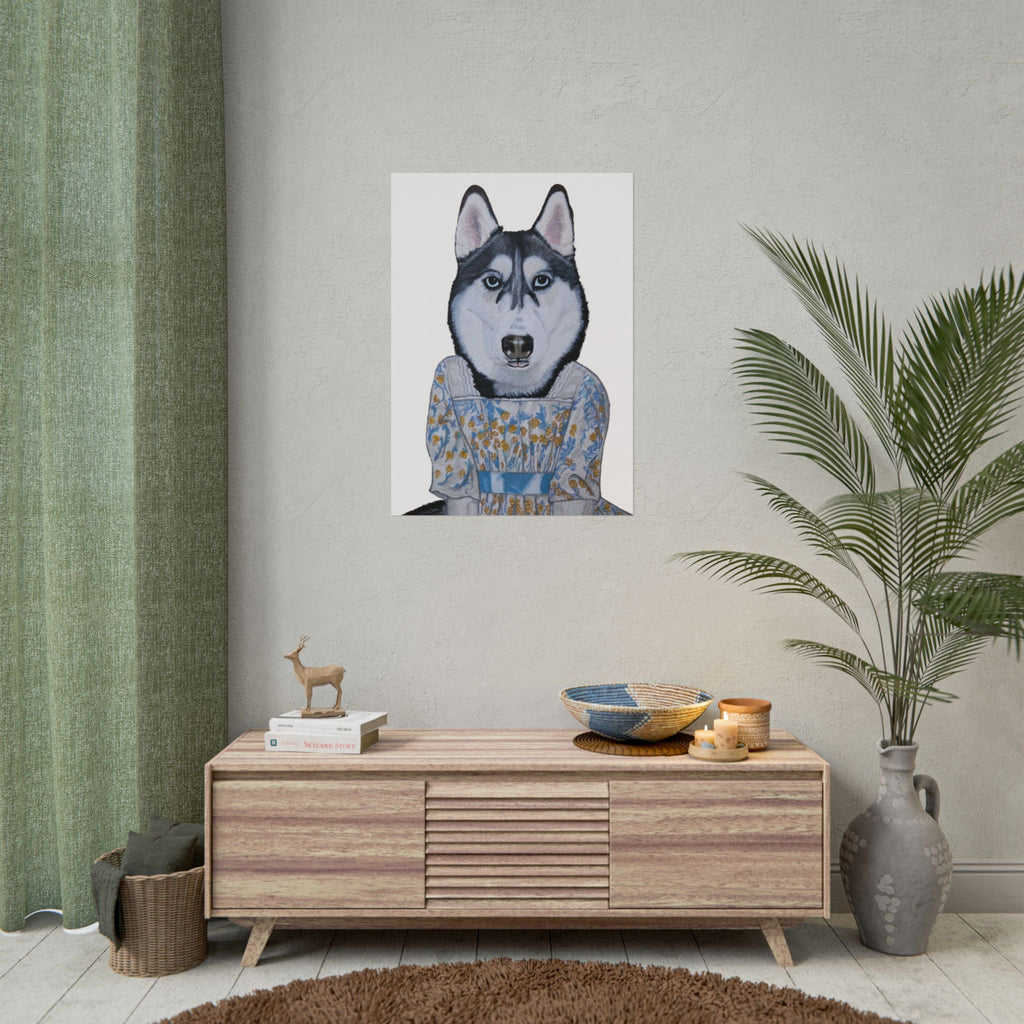 Funny Husky Wearing Jane Austen Style Regency Era-Inspired Dress Wall Poster - White Background