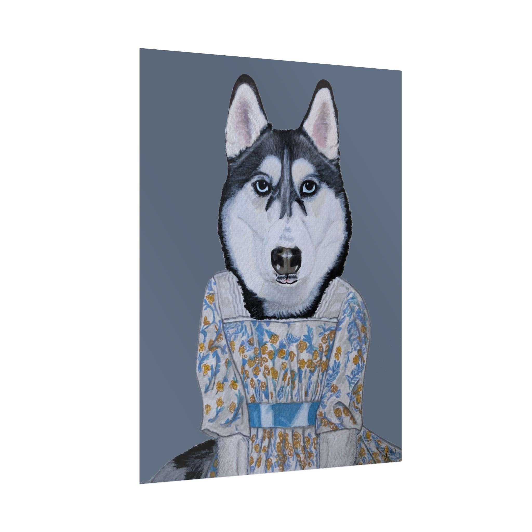 Funny Husky Wearing Jane Austen Style Regency Era-Inspired Dress Wall Poster - Dark Gray Background