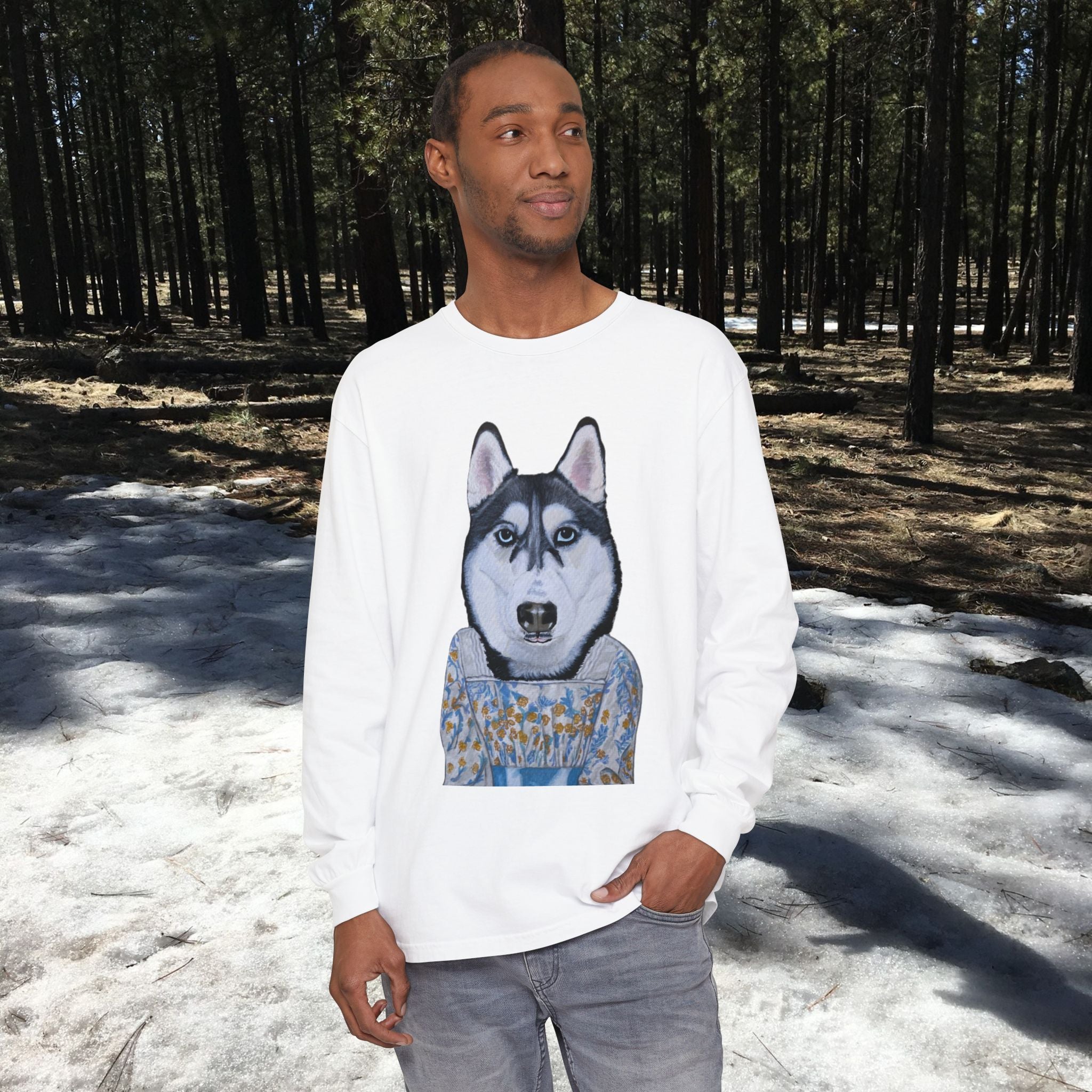 Husky Wearing Jane Austen Style Dress Long Sleeve T-Shirt, Animal Lover Gift, Dog-Themed Apparel, Casual Wear, Winter Fashion